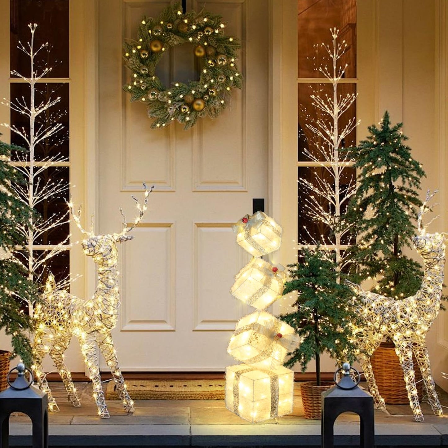 COVFEVER Christmas Lighted Gift Boxes Decorations Set of 4, 2.8Ft Stackable Christmas Nesting Boxes Battery Operated for Home and Party Decoration (8"-6"-5"-4", Silver Bow)