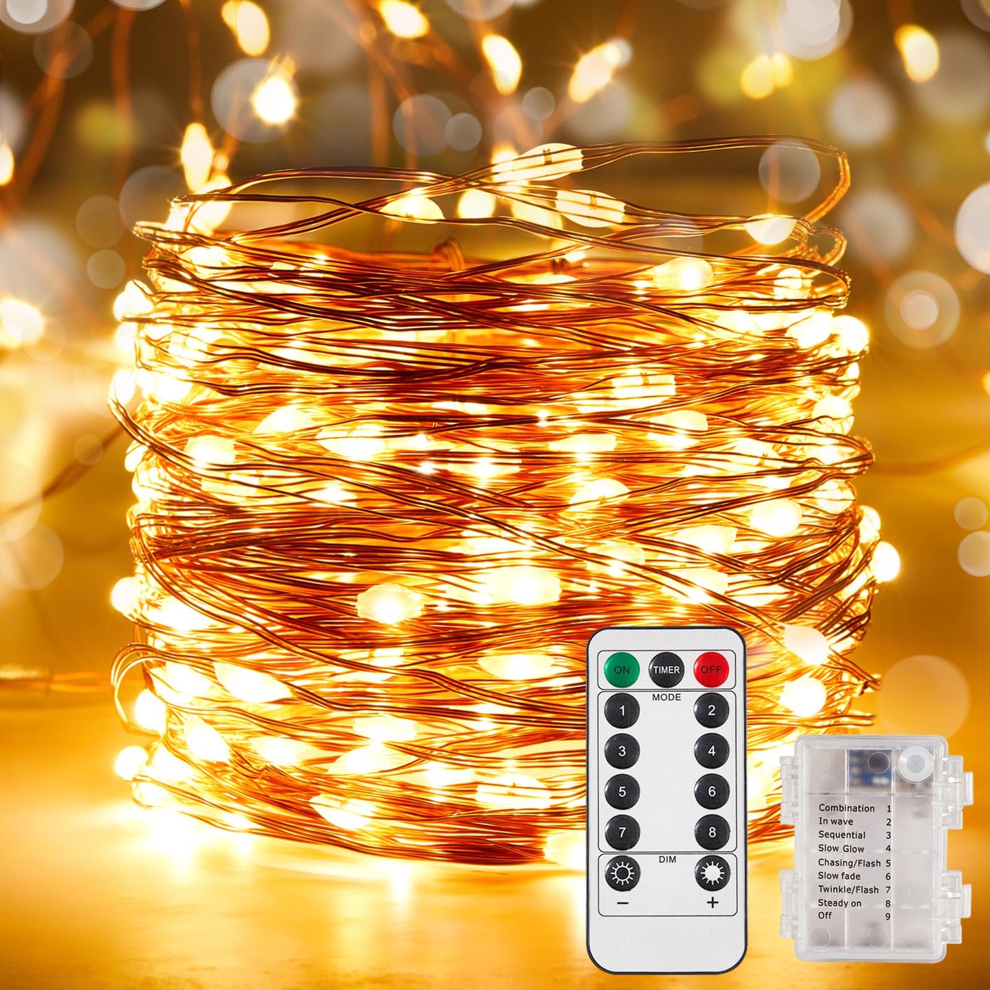 Ariceleo 1 Pack 65.6 Ft. Battery Operated Outdoor String Lights with Remote & Timer, LED Warm White Fairy Lights, Waterproof Twinkle Lights for Bedroom, Dorm, Mason Jar, Wedding, Party, Christmas