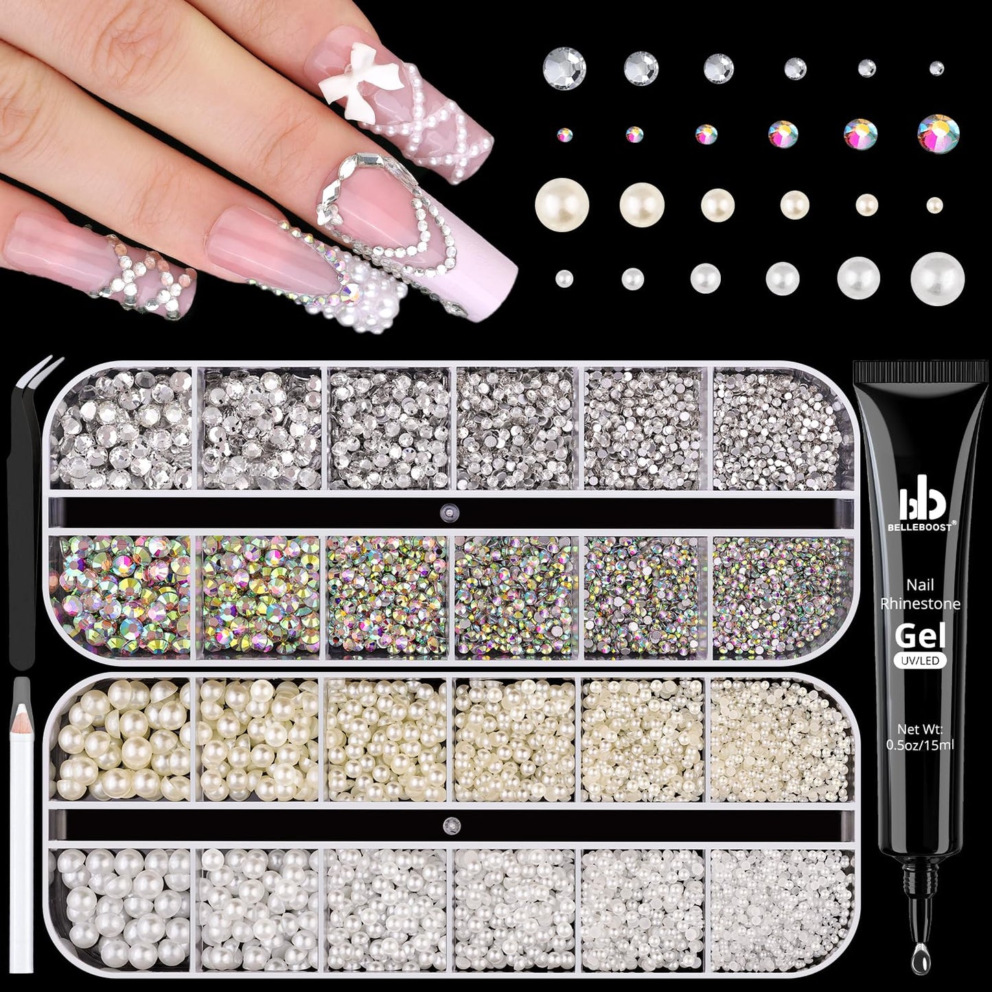 Silver and Gold Nail Charms and Gems, 1.5-5mm Half Round Flatback Nail Pearls Ball Beads for Nails with Pickup Pencil and Tweezers, Pearl Nail Charm Rhinestones for Crafting Face Hair Manicure DIY