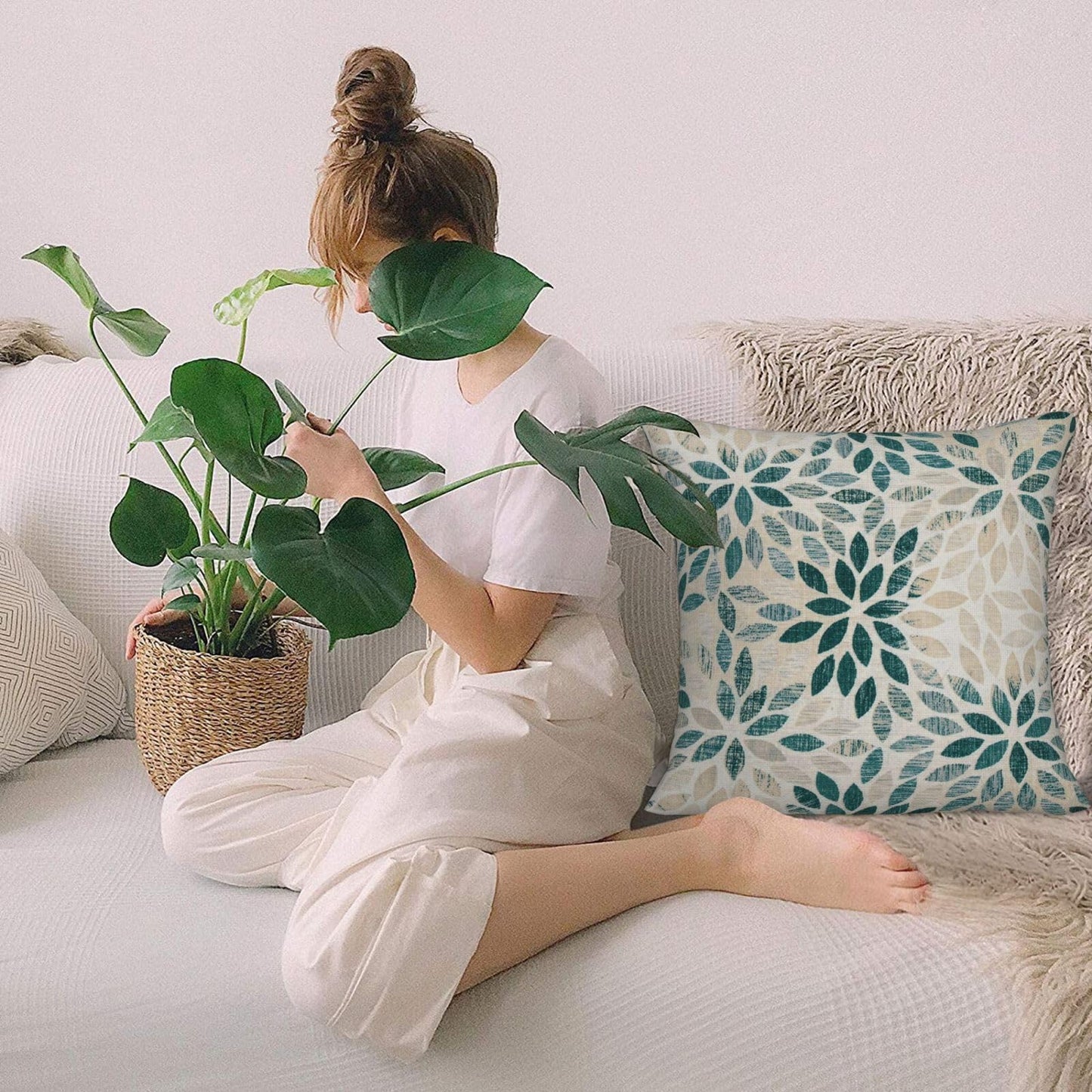 Dark Teal Dahlia Pillow Covers 18x18 Inch Set of 2 Summer Geometric Rust Flower Outdoor Decorative Throw Pillows Farmhouse Turquoise Pillow Case Linen Square Cushion Cover for Home Sofa Bedroom