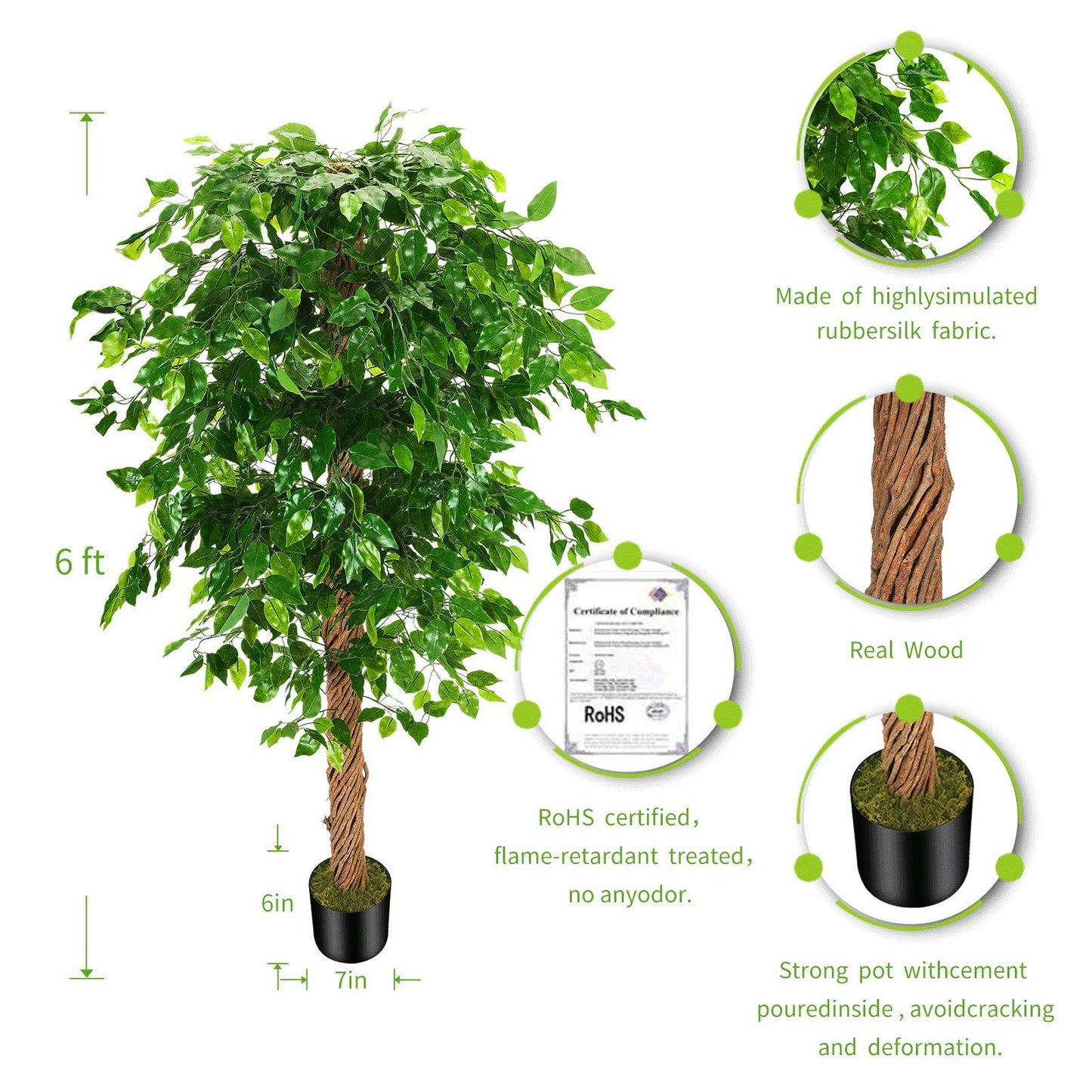 OXLLXO 6ft Artificial Ficus Silk Tree (72in) with Plastic Nursery Pot Faux Tree, Fake Plant for Office House Farmhouse Living Room Home Decor (Indoor/Outdoor)
