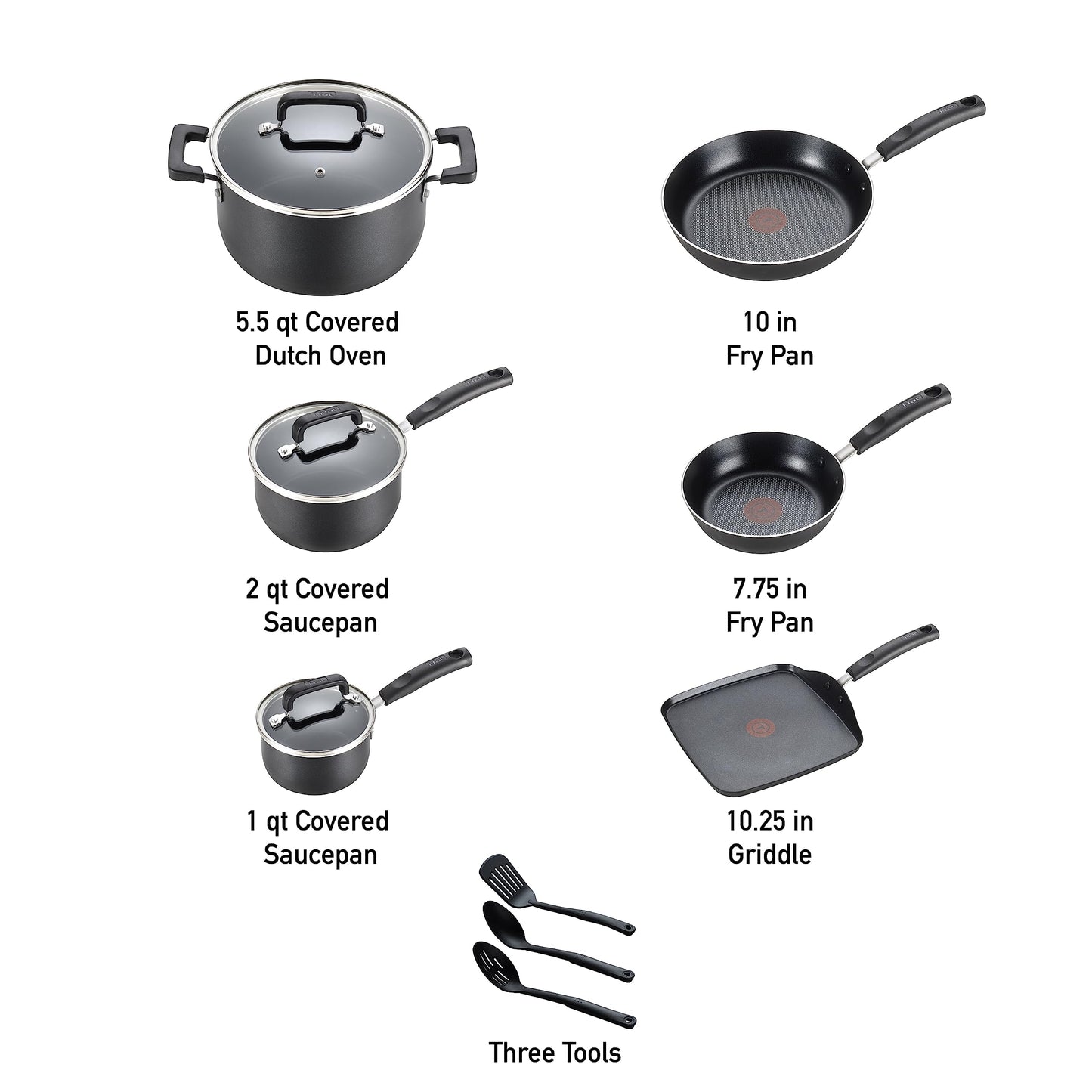 T-fal Signature Nonstick Cookware Set 12 Piece, Oven Broiler Safe 350F, Pots and Pans, Kitchen Cooking Set w/Fry Pans, Saucepans, Saute Pan, Dutch Oven, Griddle, Kitchen, Home, Dishwasher Safe, Black