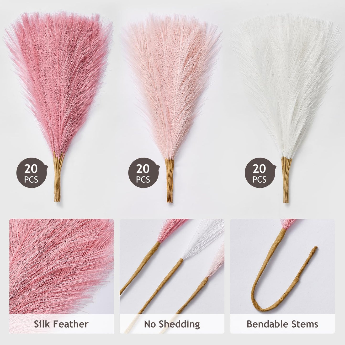 Serwalin 60 Pcs Pink Pampas Grass Decor, 17.7" Faux Pampas Grass, Short Artificial Fluffy Pompas Grass Vase Filler Flower Arrangement for Boho Home Wedding Living Room Wall Party Decoration