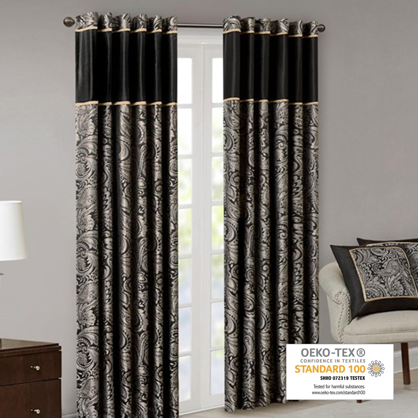 Madison Park Aubrey 2 Panel Curtain Faux Silk Paisley Jacquard, Rod Pocket Curtain For Living Room, Kitchen, Room Darkening Window Drape for Bedroom and Dorm, 2-PK 50x84", Black