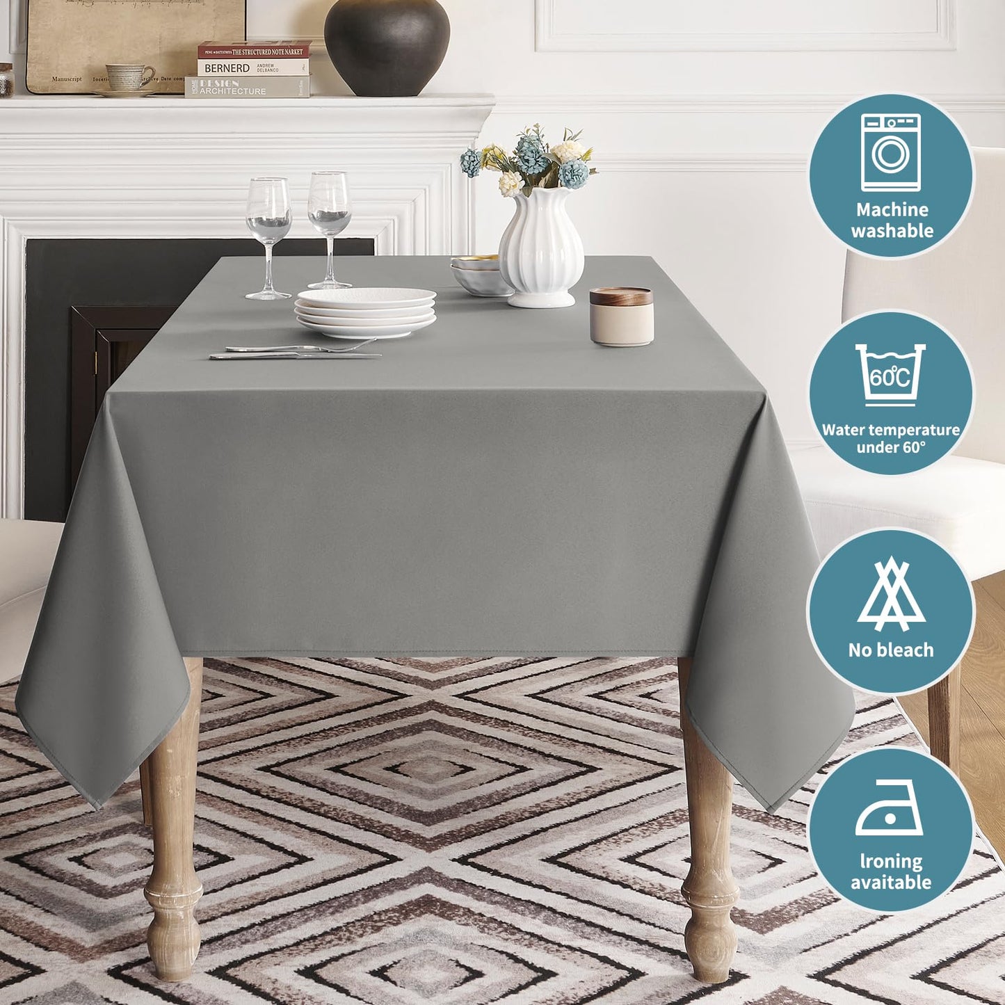Veblandy Table Cloth Rectangle Waterproof Spill-Proof Wrinkle-Free Tablecloth Washable, Kitchen Dining Tabletop Decoration, Fabric Table Cover for Indoor and Outdoor Use, 60 x 84 Inch, Light Grey