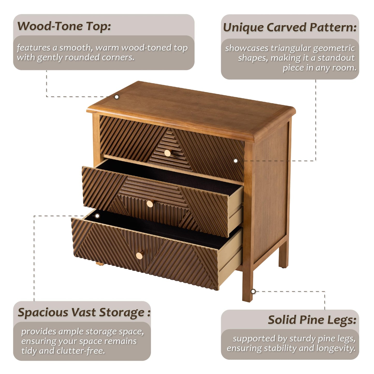 COZAYH 3 Drawer Fluted Dresser with Carved Geometric Pattern, Modern Nightstand, Side End Table for Bedroom, Accent, Carved, Alloy Handle, Fully-Assembled, Brown, Natural Wood