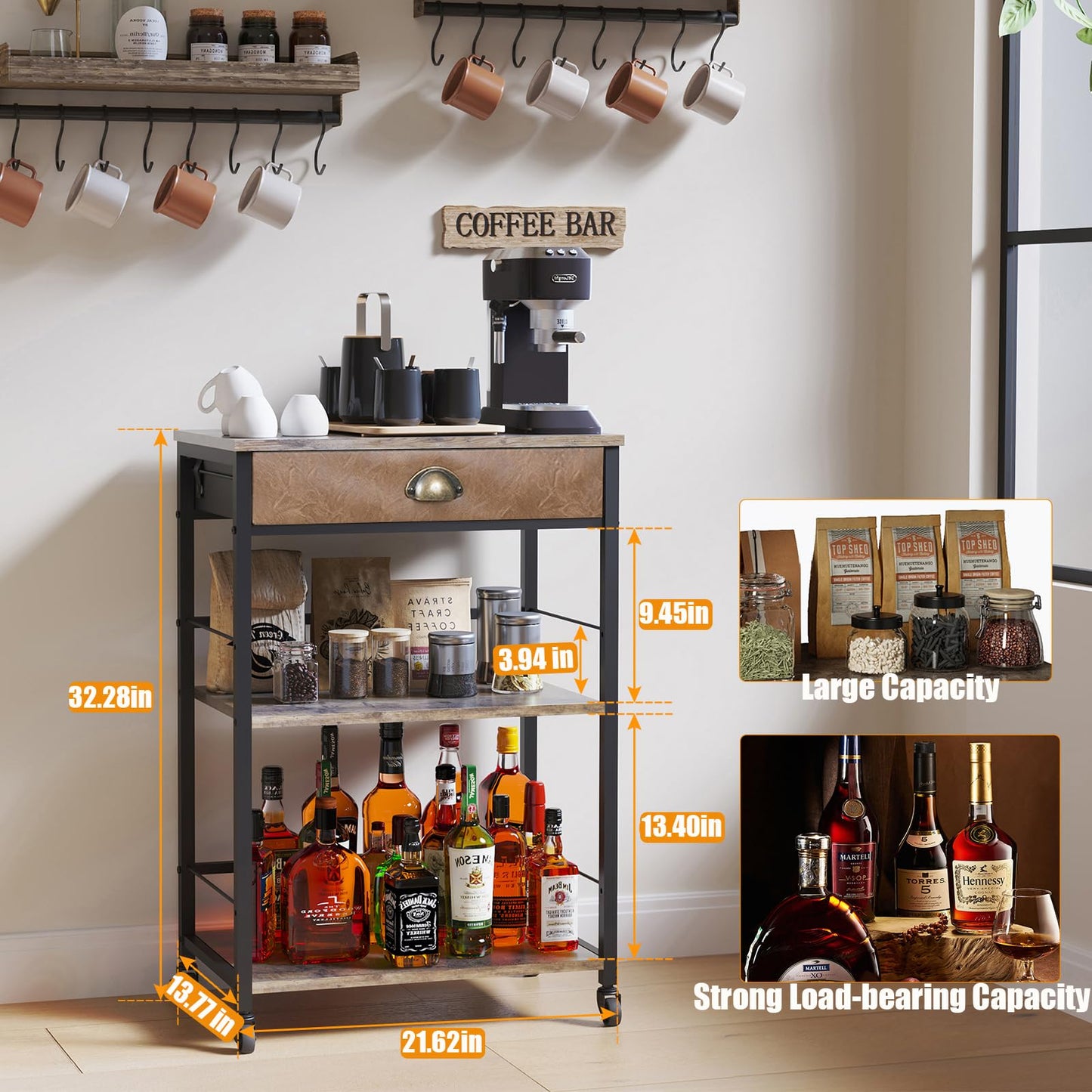 X-cosrack Coffee Bar Cart with Storage, 3-Tier Coffee Table with Drawer for Home Buffets & Sideboards,Coffee Station Corner Table with Rolling Wheels for Kichen, Entryway, Living Room-Patent