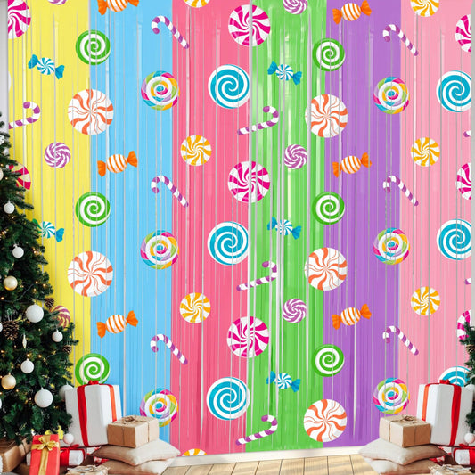 Blosssound 2 Packs Candyland Party Decorations 3.3 x 6.6 ft Candy Foil Fringe Curtain Dark Sweet Candy Tinsel Streamers for Lollipop Candyland Birthday Baby Shower Sweet Shop Party Decoration