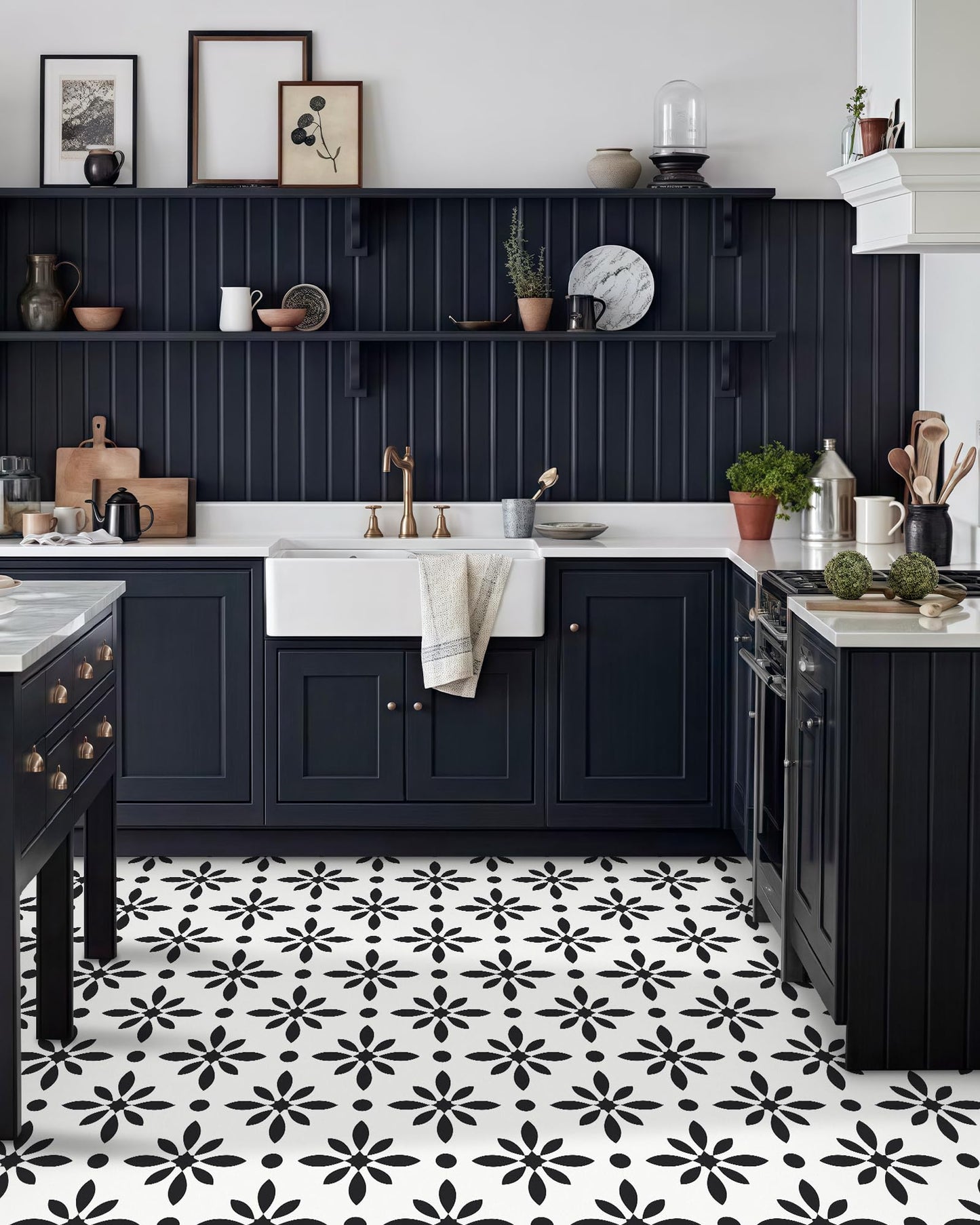 MORCART Peel and Stick Floor Tile - Vinyl Flooring Self Adhesive DIY: Square White+Black Flowers 8" x 8" 20 PCS, Waterproof and Removable Tile Sticker for Kitchen, Bathroom, Staircase FT-1624