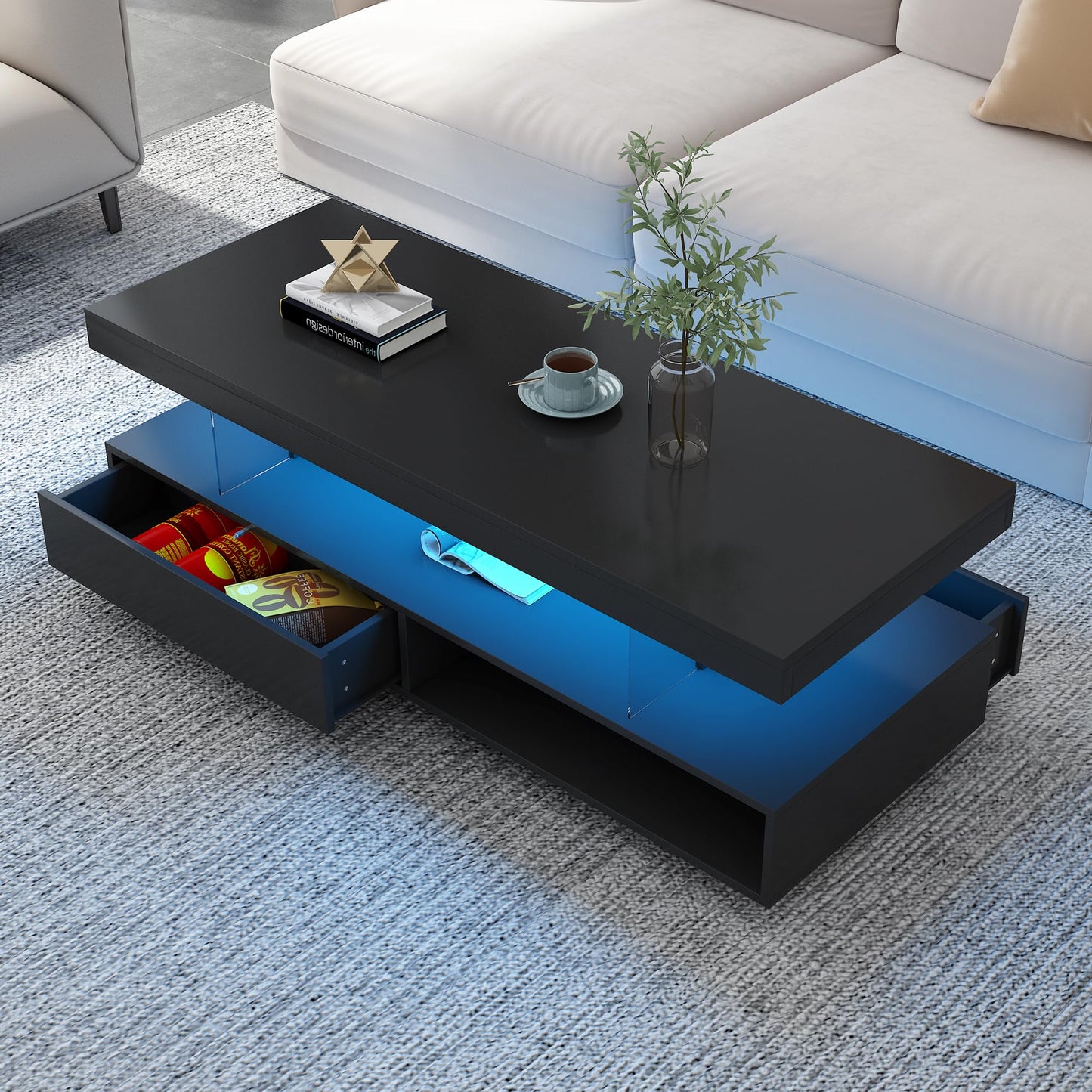 LUMISOL High Gloss Coffee Table with 16 Colors LED Lights, UV Cocktail Table with 2 Drawers and Display Shelf, Modern Center Table for Living Room, Black