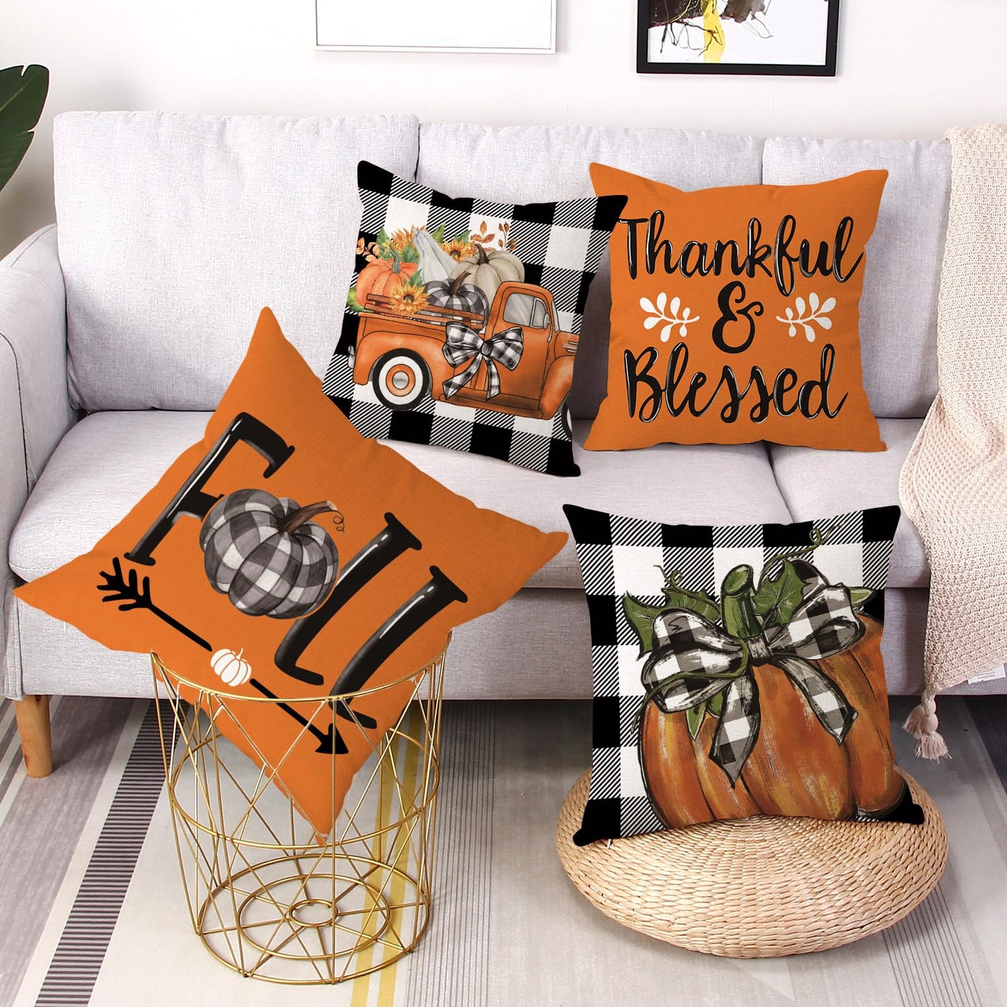 Gujiahone Fall Throw Pillow Covers 18 x 18 Inch Set of 4 Buffalo Check Plaid Pumpkin and Truck Thankful Blessed Fall Thanksgiving Decorative Cushion Cases for Sofa Couch Bed