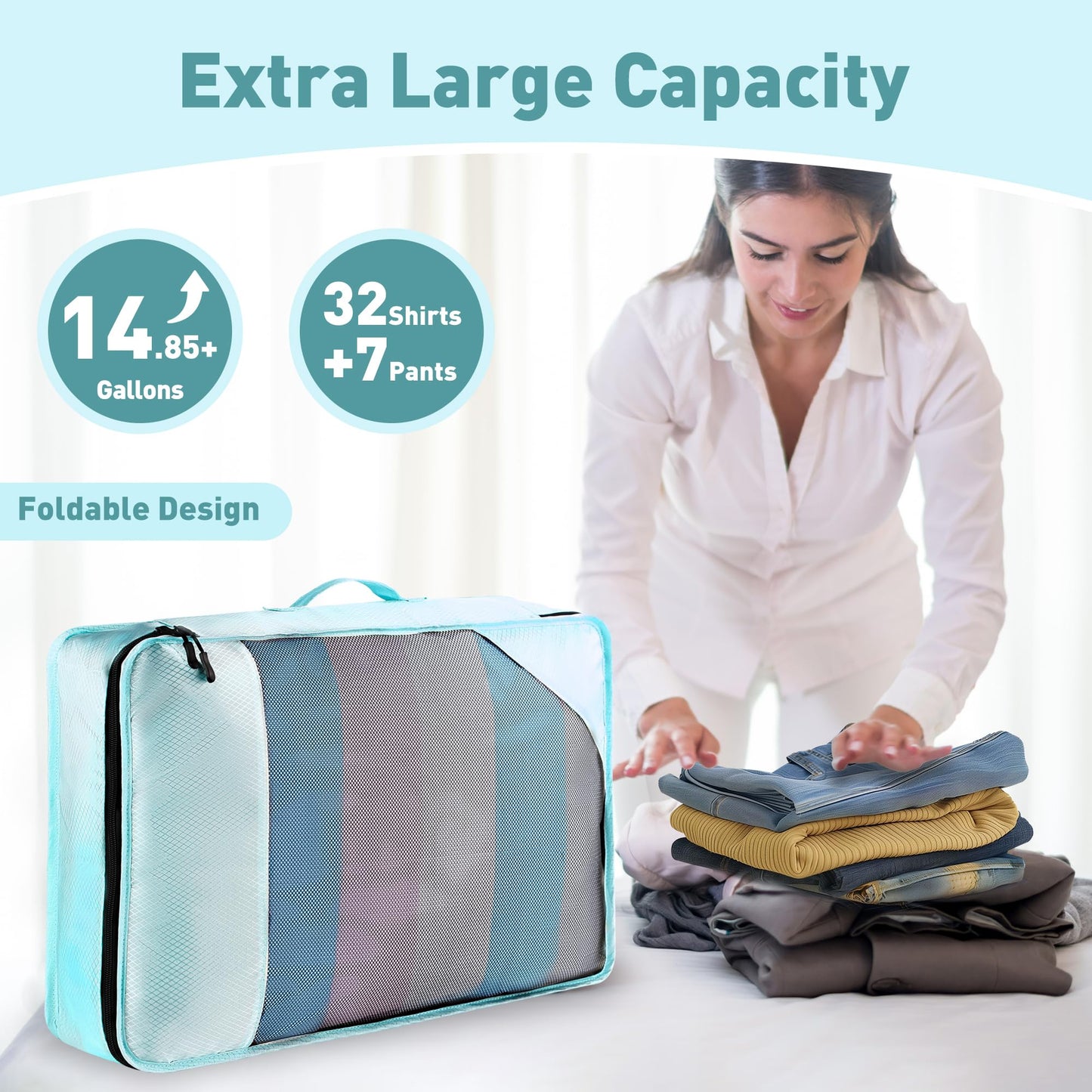 Toncoke 8 Set Packing Cubes for Travel Women Men Kids, Mesh Suitcase Organizer Bags Set for Luggage, 4 Sizes Extra Large, Large, Medium, Small, Travel Camping Essentials Accessories, Lake Blue