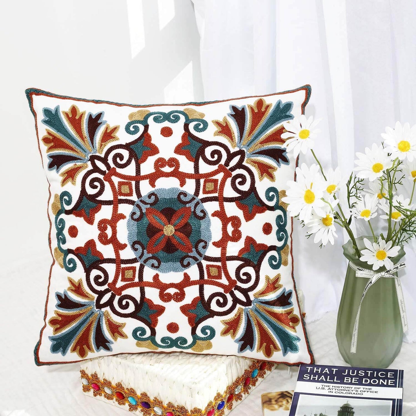 Oneslong Decorative Throw Pillows Cover 18x18inch Pack of 1 Embroidered Pattern 100% Cotton Couch Pillow Covers for Living Room Sofa Chair