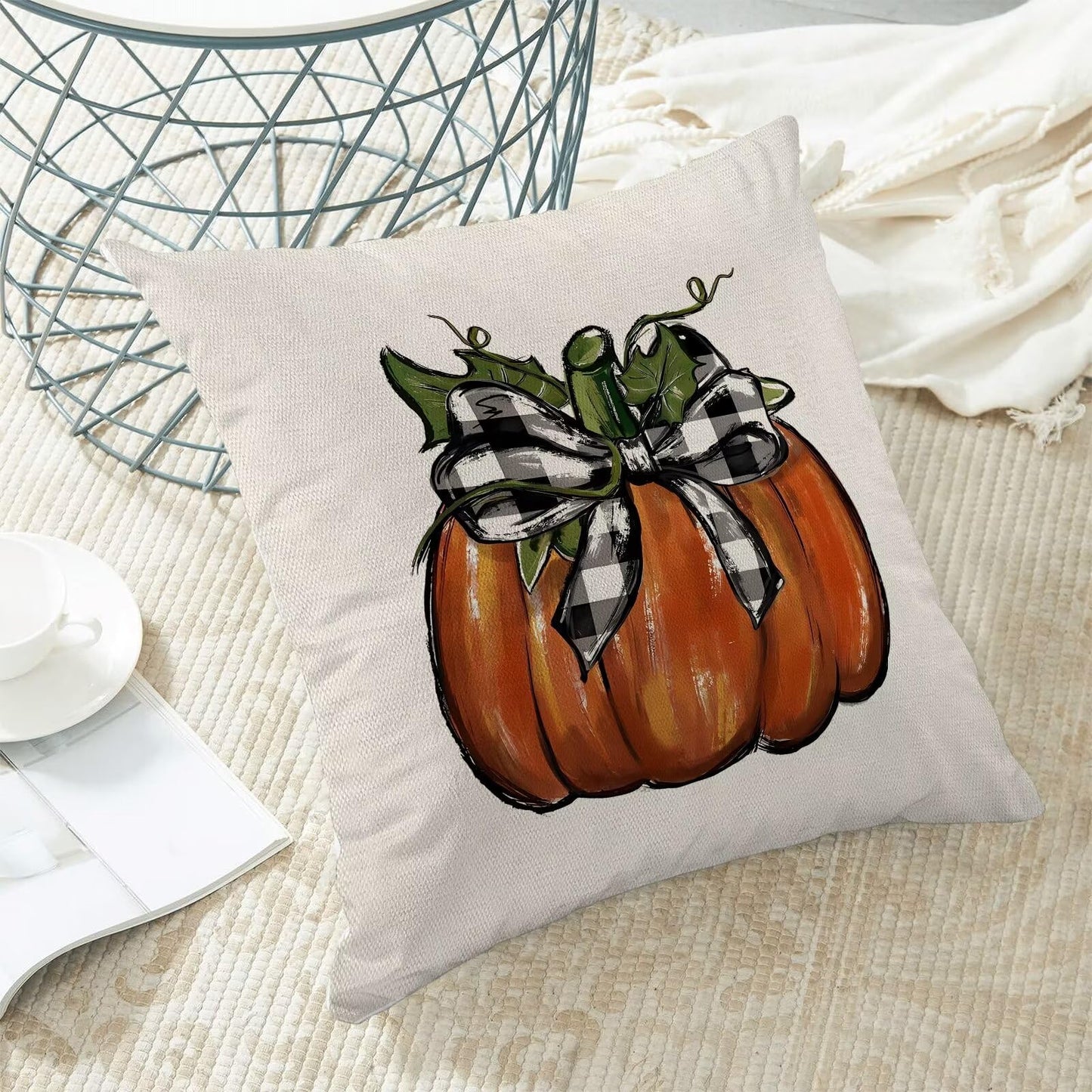 Fall Pillow Covers 18x18 Set of 2, Thanksgiving Pumpkin Decorative Autumn Flower Farmhouse Outdoor Throw Pillowcase Buffalo Plaid Pumpkin Cushion Cover for Sofa Couch Living Room Bed Decor