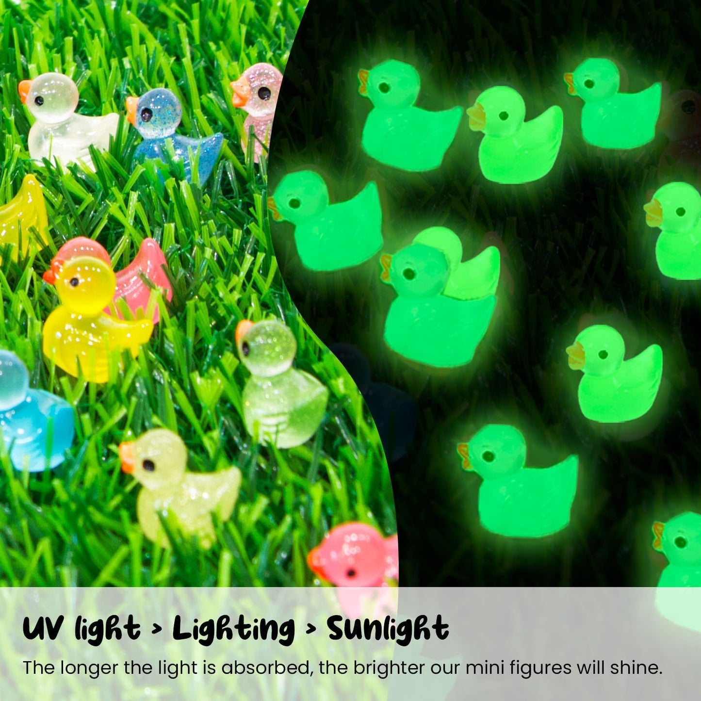 FEXIA 100pcs Mini Ducks Glitter Resin Ducks Mini Resin Animals Figures to Hide Glow in The Dark Tiny Duck Figures for Dollhouse Aquarium Fairy Garden Decor