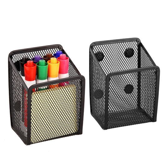 Magnetic Pencil Holder - Extra Strong Magnets Mesh Marker Holder Perfect for Whiteboard, Refrigerator and Locker Accessories (1 Basket, 2 Packs Black)