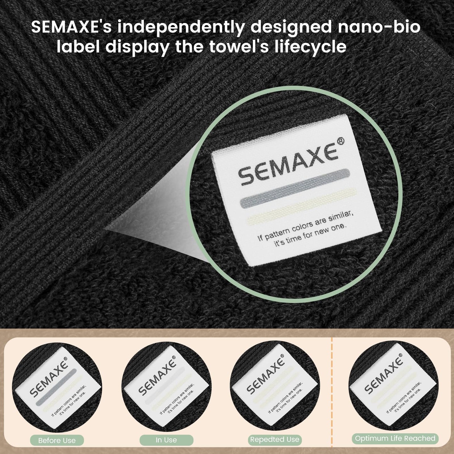 SEMAXE Solid 6-Piece Towel Set, Black, 600GSM 100% Cotton, 2 Each of Bath Towel, Hand Towel, and Washcloths, Gift Box Packaging, Hanging Loop Design