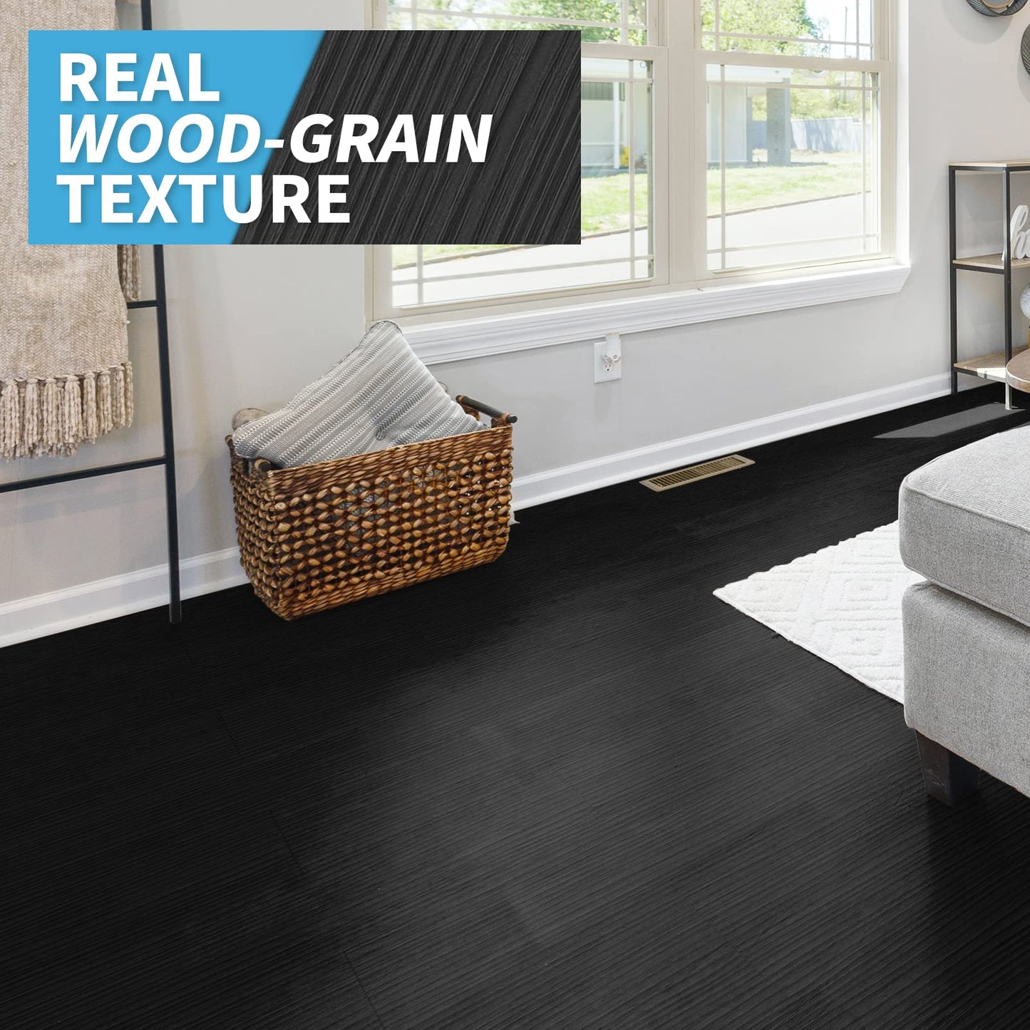 Art3d 36-Pack 54 Sq.ft Peel and Stick Floor Tiles Vinyl Plank Flooring Wood Look, Adhesive and Waterproof Tile Sticker for Bedroom, Living Room, Kitchen, RV in Black