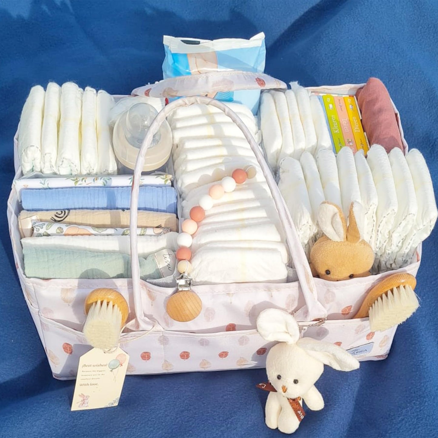 Baby Diaper Caddy Organizer with Plush Toy – Portable Felt Storage Caddy for Nursery, Car, and Changing Table – Baby Organizer Basket, Diaper Organizer, Baby hamper, Baby Shower or Newborn Gift