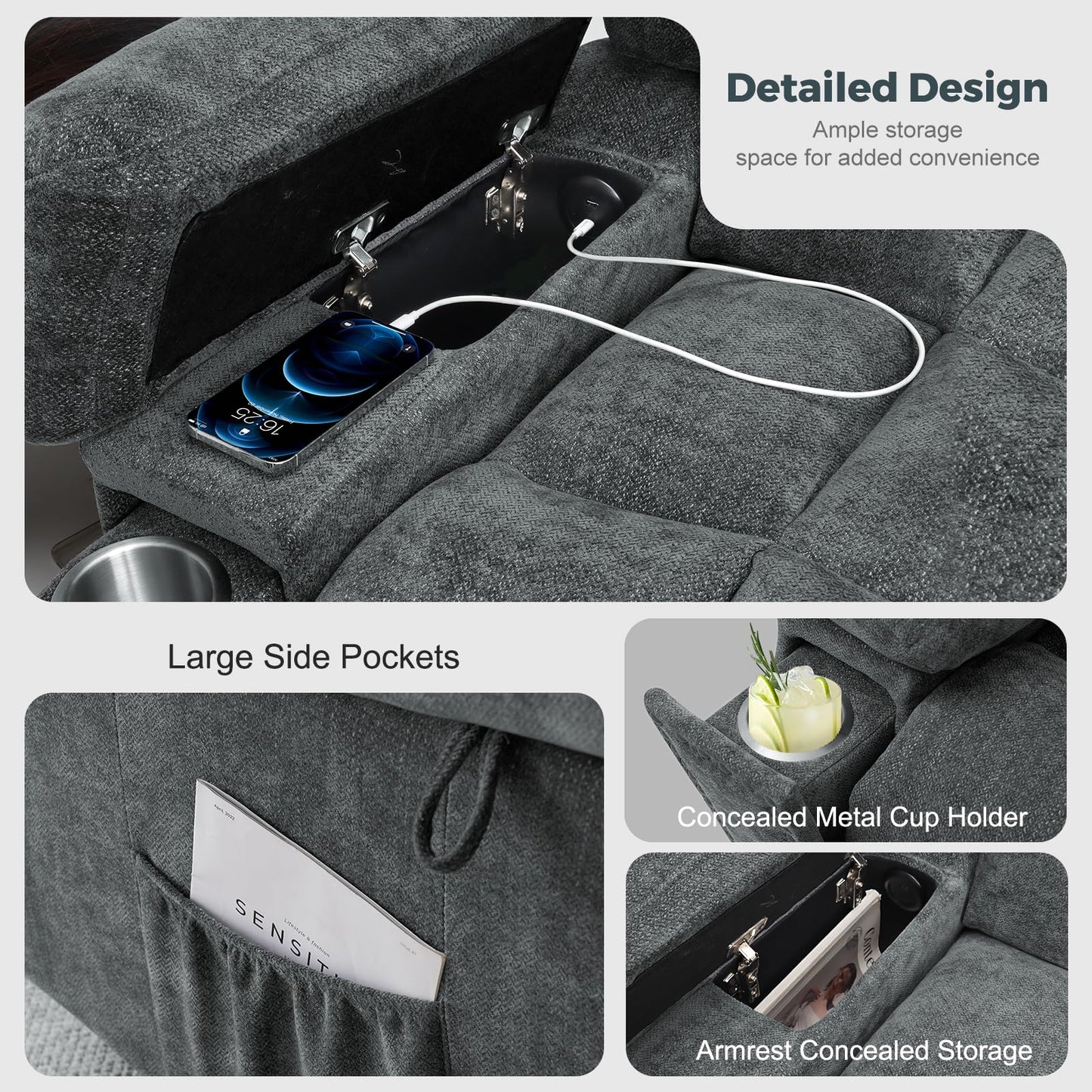 SENYUN Electric Power Lift Recliner Chair for Elderly with Heat & Massage, Chenille Large Reclining Chairs w/2 Concealed Cup Holders for Seniors Home Living Room,1PC,Grey Blue