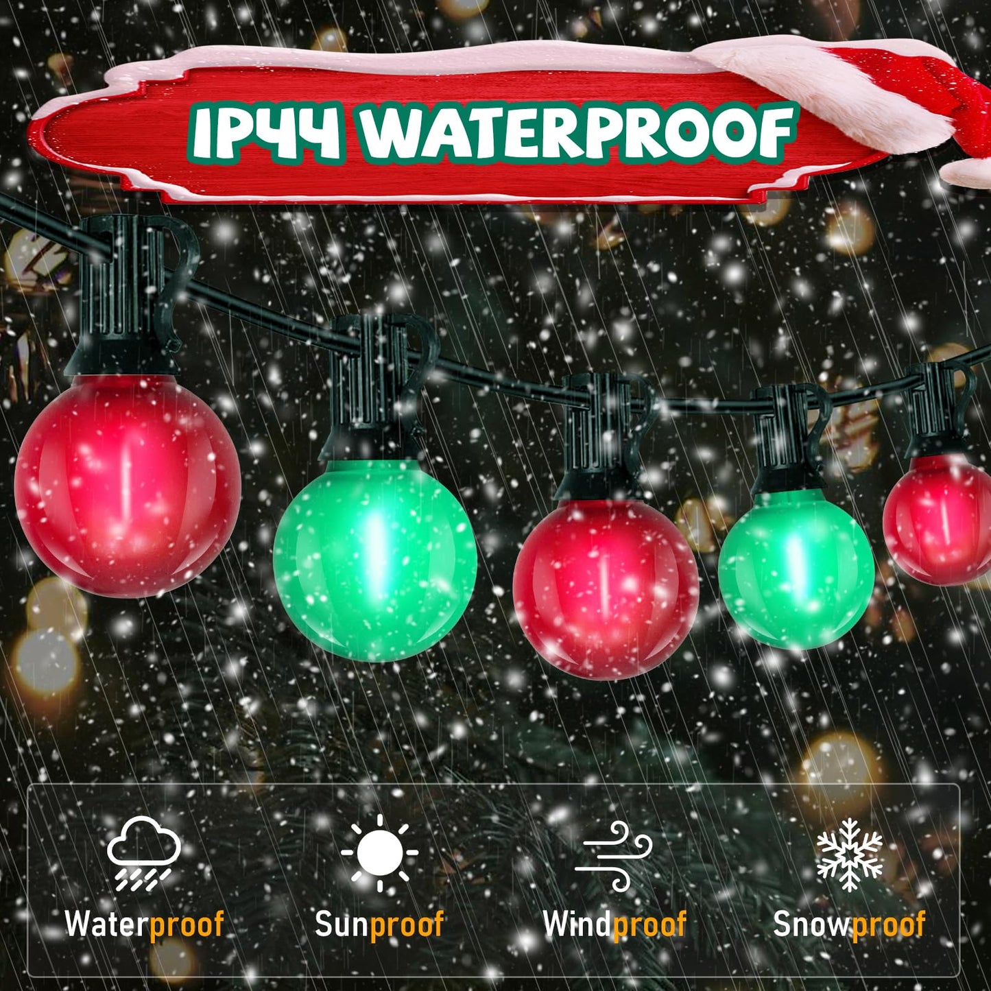 G40 LED Outdoor Christmas String Lights 50FT Hanging Globe String Light with 27 LED Shatterproof Frosted Red Green Lights(2 Spare), Waterproof Patio String Lights for Balcony Backyard Pergola Decor