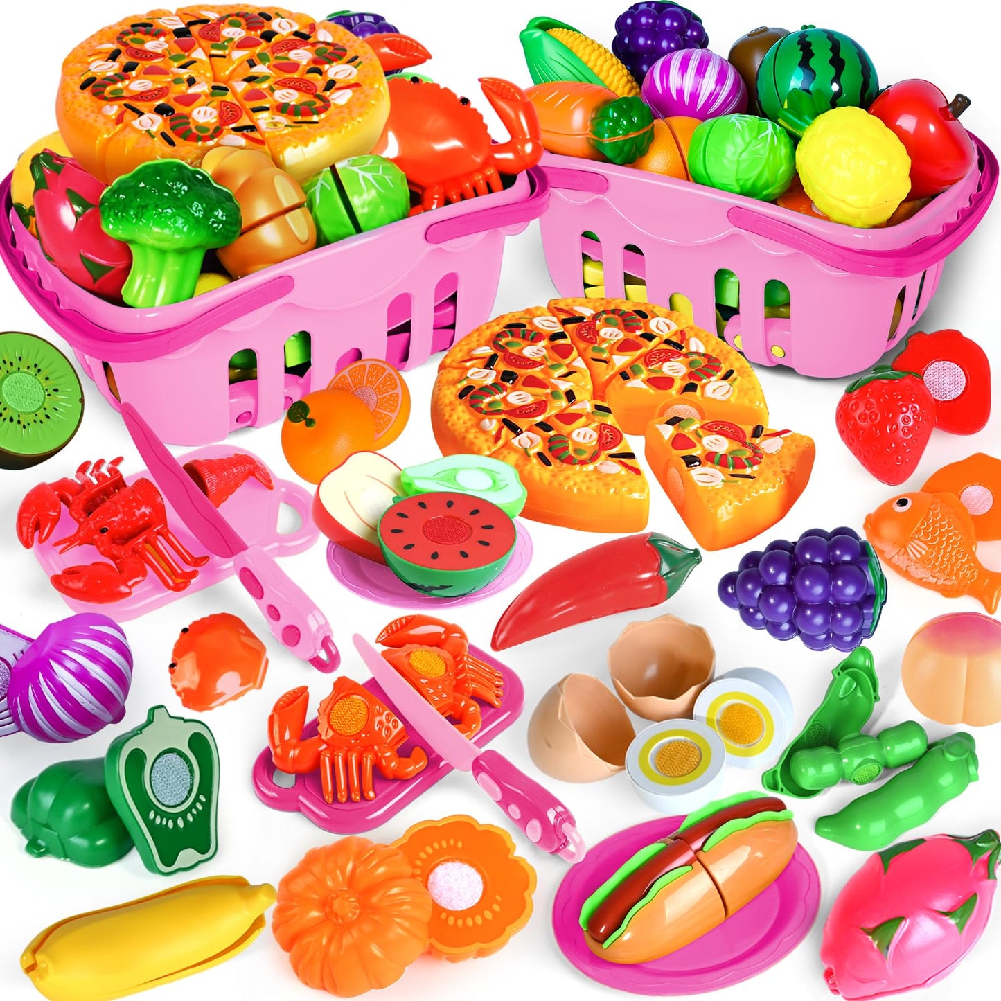 100 PCS Cutting Play Food Toy for Kids Kitchen, Pretend Food Toys for Toddlers, Play Kitchen Toys Accessories with 2 Baskets, Fake Food/Fruit/Vegetable, Birthday Gifts for 3 4 5 Years old Boys Girls