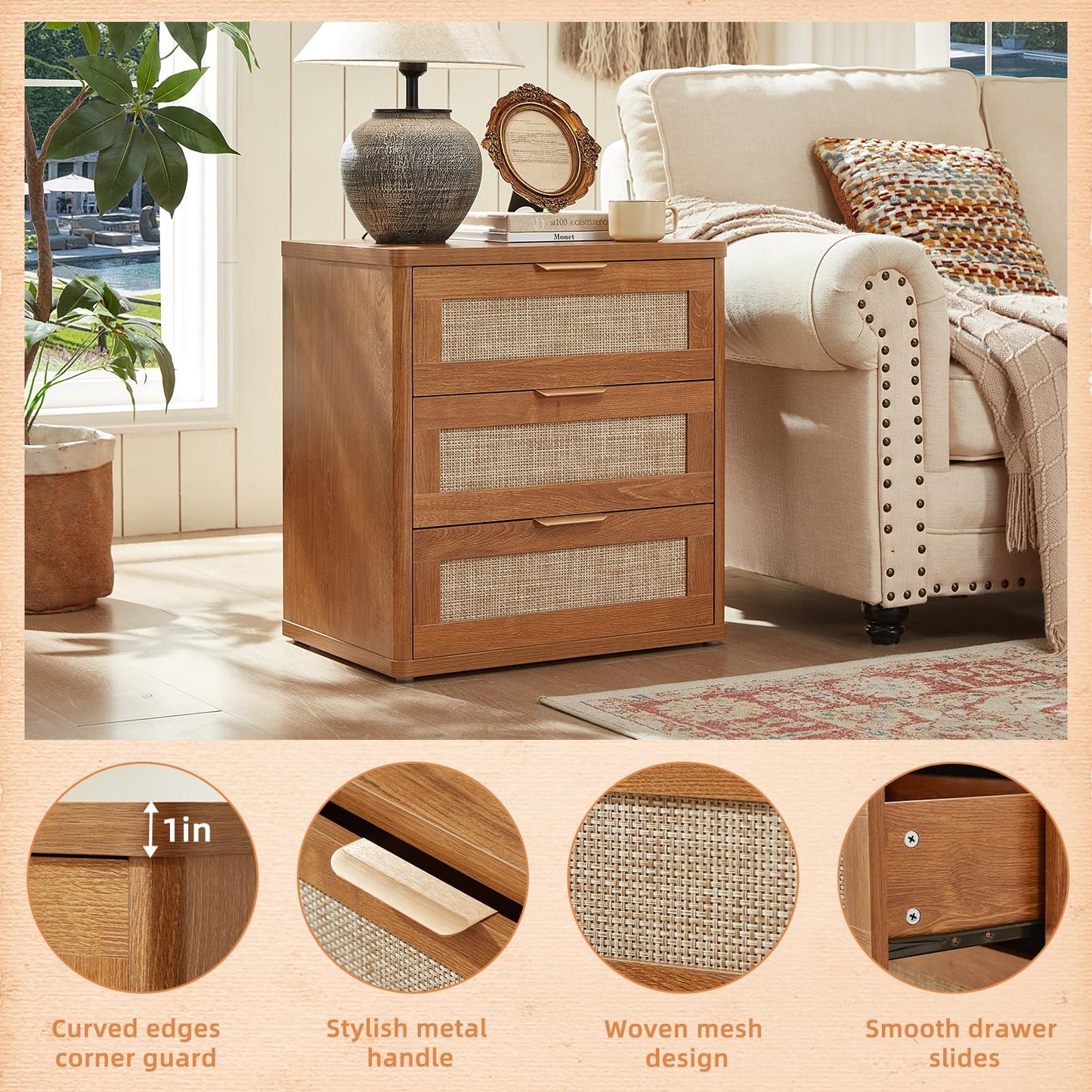 LEYAOYAO Rattan Night Stand with Drawers, 23" Large 3 Drawer Boho Nightstand, Natural Wood Bedside Table Storage Cabinet, Bed Side End Tables Dresser for Bedroom, Living Room, Hallway, Closet