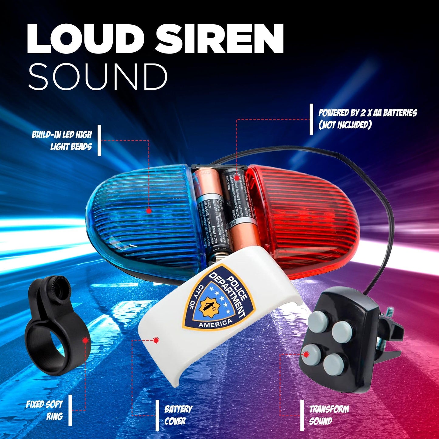 Kids Tech Bike LED Light - Police Sound Light Electronic Horn - Bicycle Siren, 5 LED Light 4 Sounds Trumpet, Warning Safety Light, Waterproof Bicycle Lights Accessories, (Batteries Not Included)