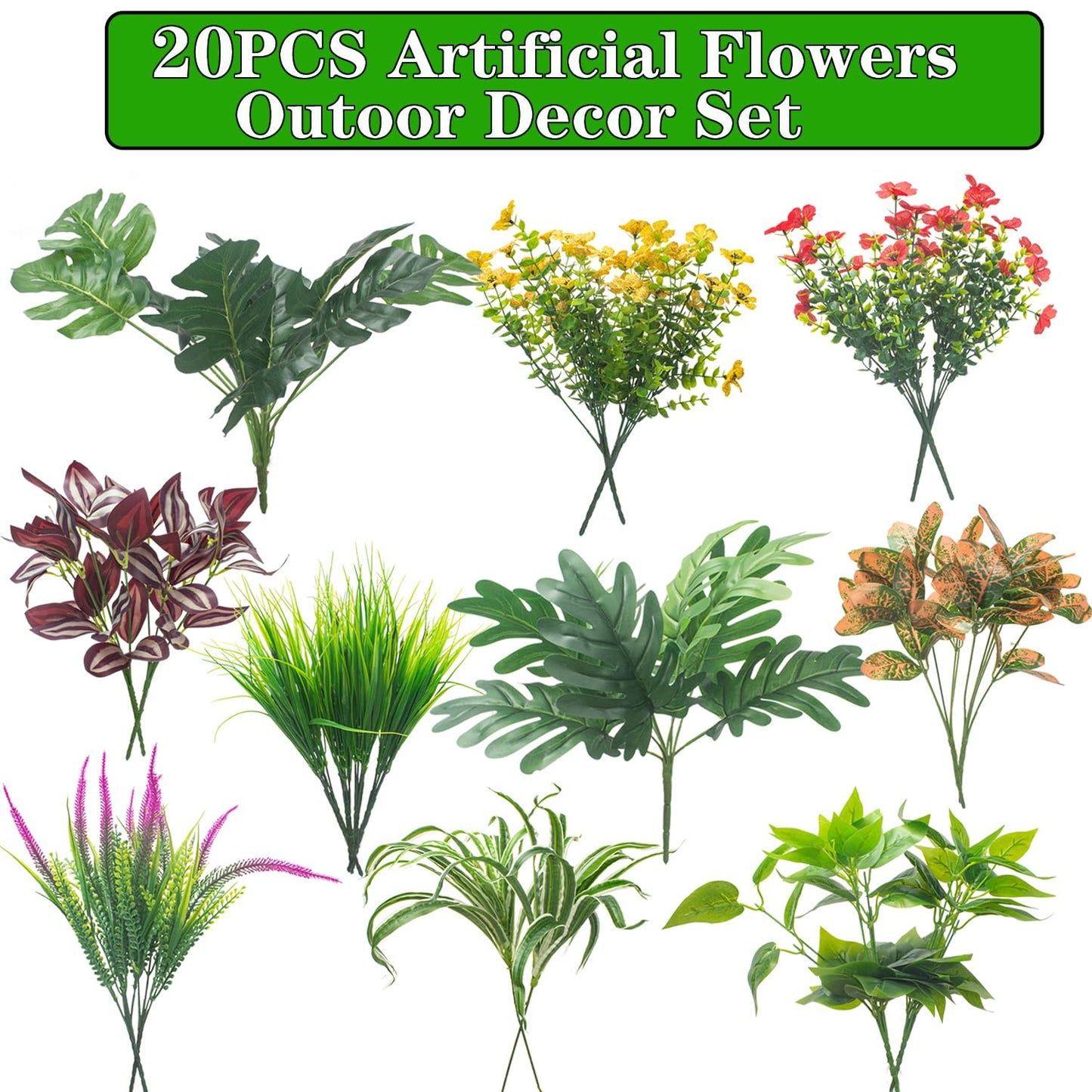 20PCS Fake Flowers UV Resistant Artificial Plants & Faux Shrubs - Outdoor Plastic Greenery Stems for Garden Porch, Window Box Planter, Home Decor(Pot Not Included)