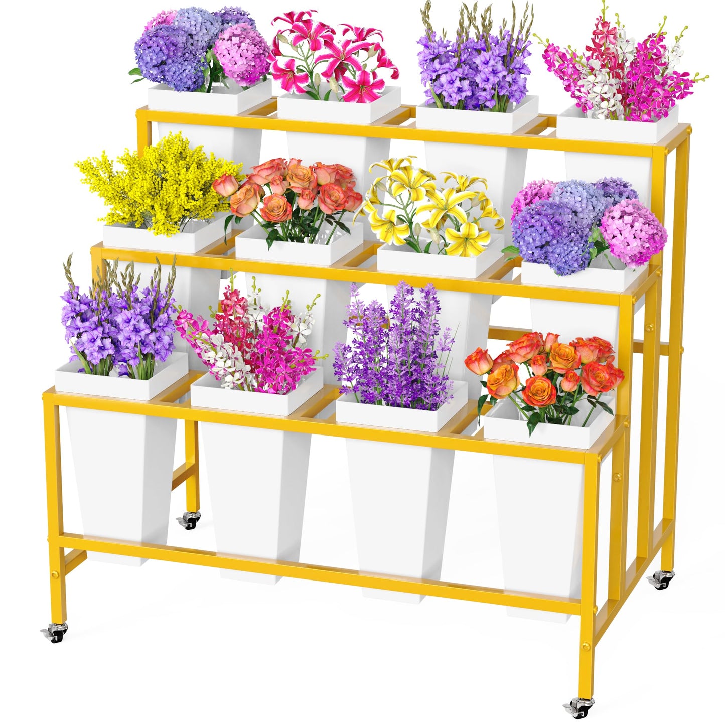 Putros Flower Display Stand with 12 Buckets Gold 3 Layers Metal Floral Cart with Wheels Moving Florist Bouquet Bar Plant Shelf for Indoor Outdoor Patio Garden Party Decor