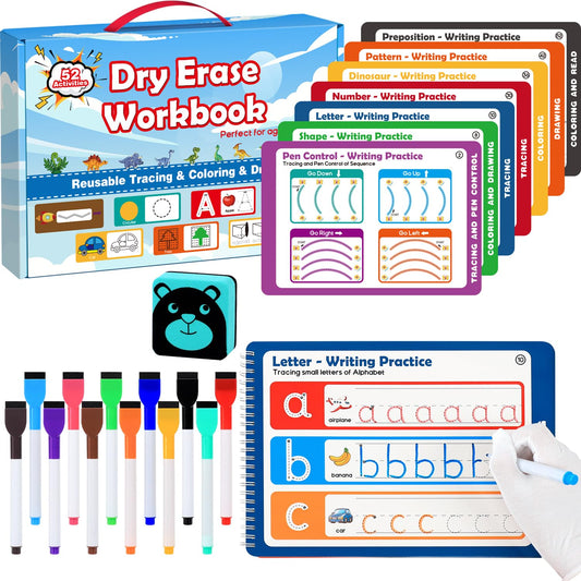 iHarPro Preschool Learning Activities - 52 Pages Handwriting Practice Tracing Books for Kids, Montessori Toys Kindergarten Educational Workbooks Age 3-6, with 12 Dry Erase Markers