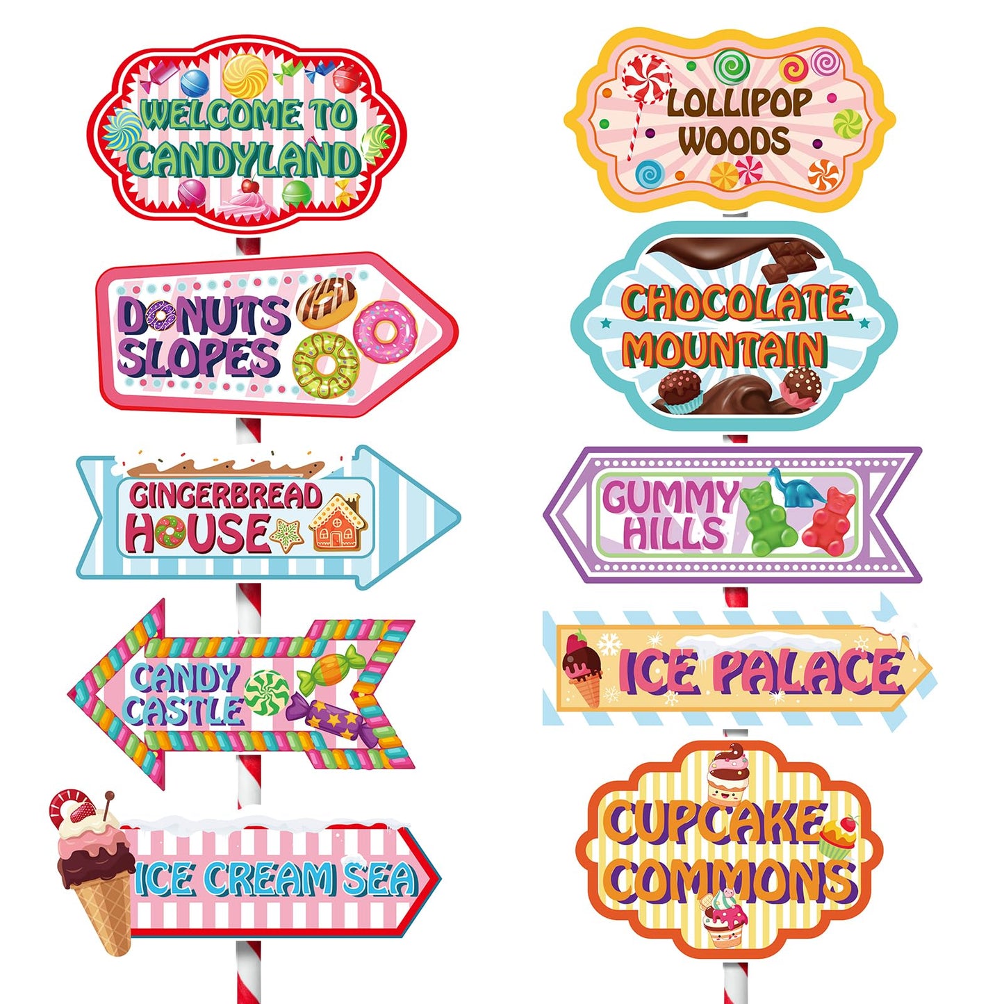 KALEFO Candyland Party Decorations Candy Land Sign Welcome Birthday Decor Directional Street Arrow Signs for Kids Sweet Theme Supplies(10 Pcs)