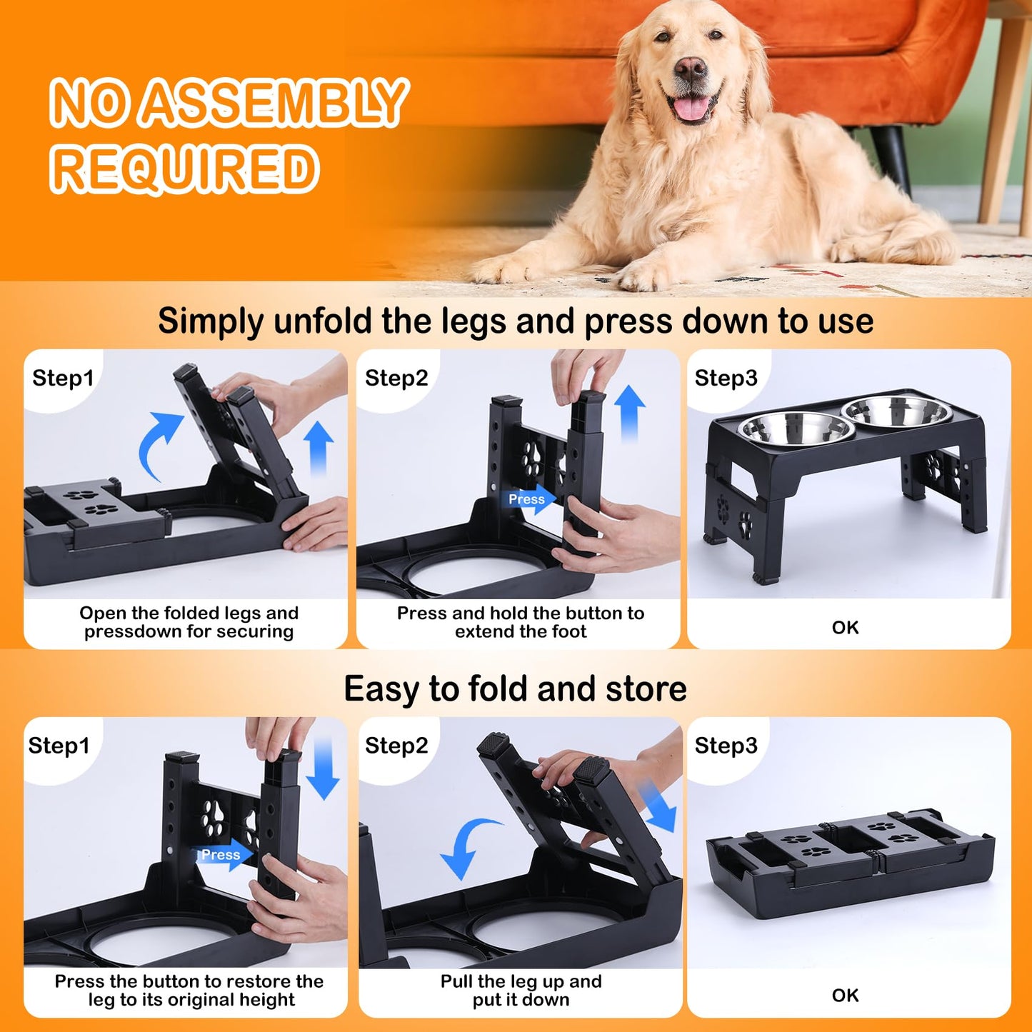 LALOBLUE Elevated Dog Bowls, Raised Dog Bowl with 2 Stainless Steel Dog Food Bowls, Dog Bowls Stand Adjusts to 5 Heights 2.95", 8.46", 9.65", 10.82", 12.01" for Small Medium Large Dogs Cats Pets,Black