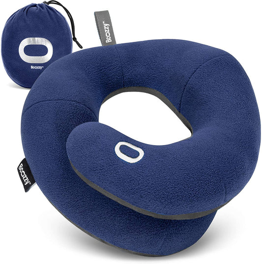 BCOZZY Travel Neck Pillow for Airplane – Patented Double Support for Head, Neck, and Chin. Best for Long Flights, Plane Sleeping, and Car Rides. Adjustable Size. Fully Washable. Carry Bag. Large, Navy