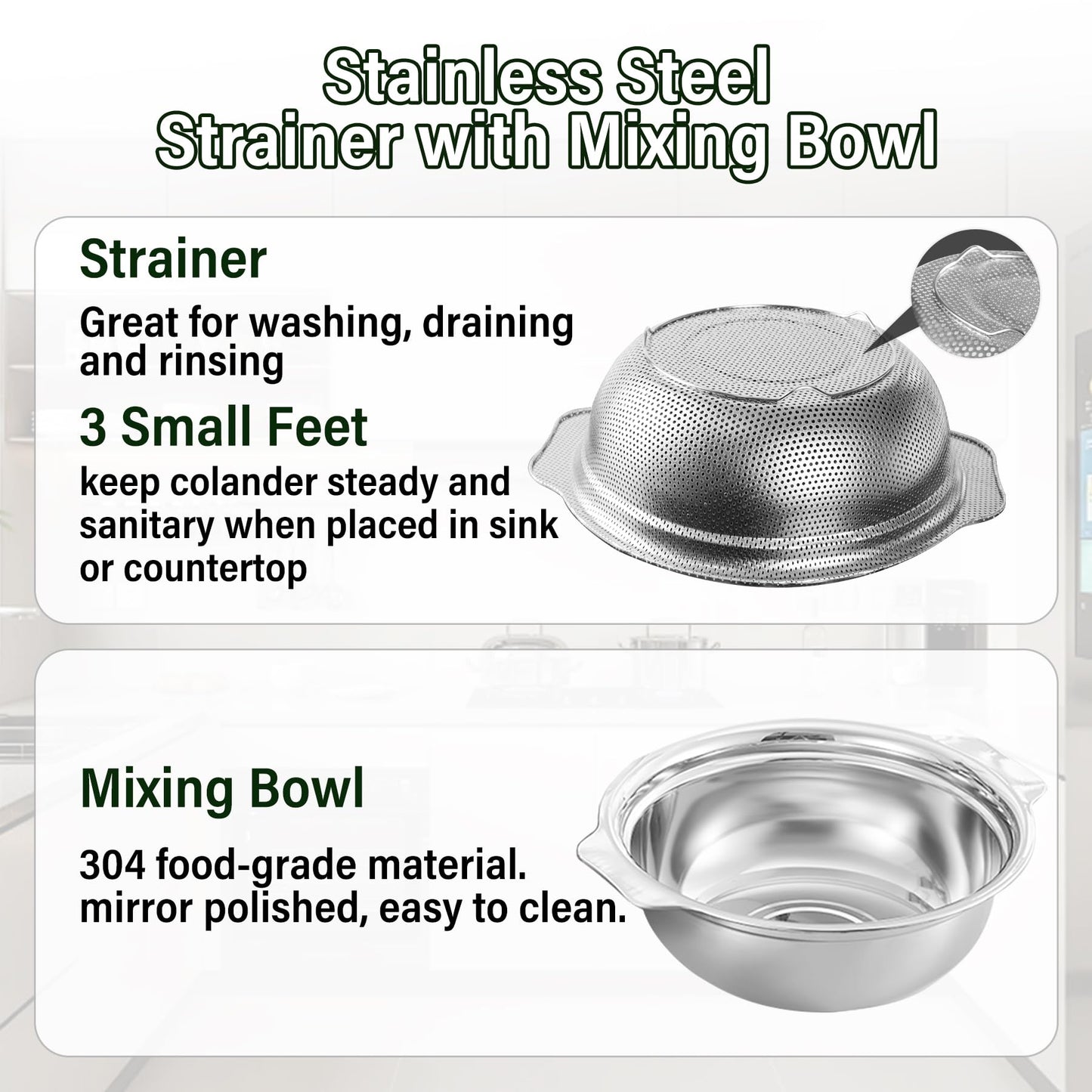 POPGRADE Stainless Steel Colander for Kitchen, 2.5QT Rice Washer Strainer with Mixing Bowl, Colander Bowl Set with Microporous for Washing Rice, Pasta, Spaghetti, Fruits, Dishwasher Safe(2PC)