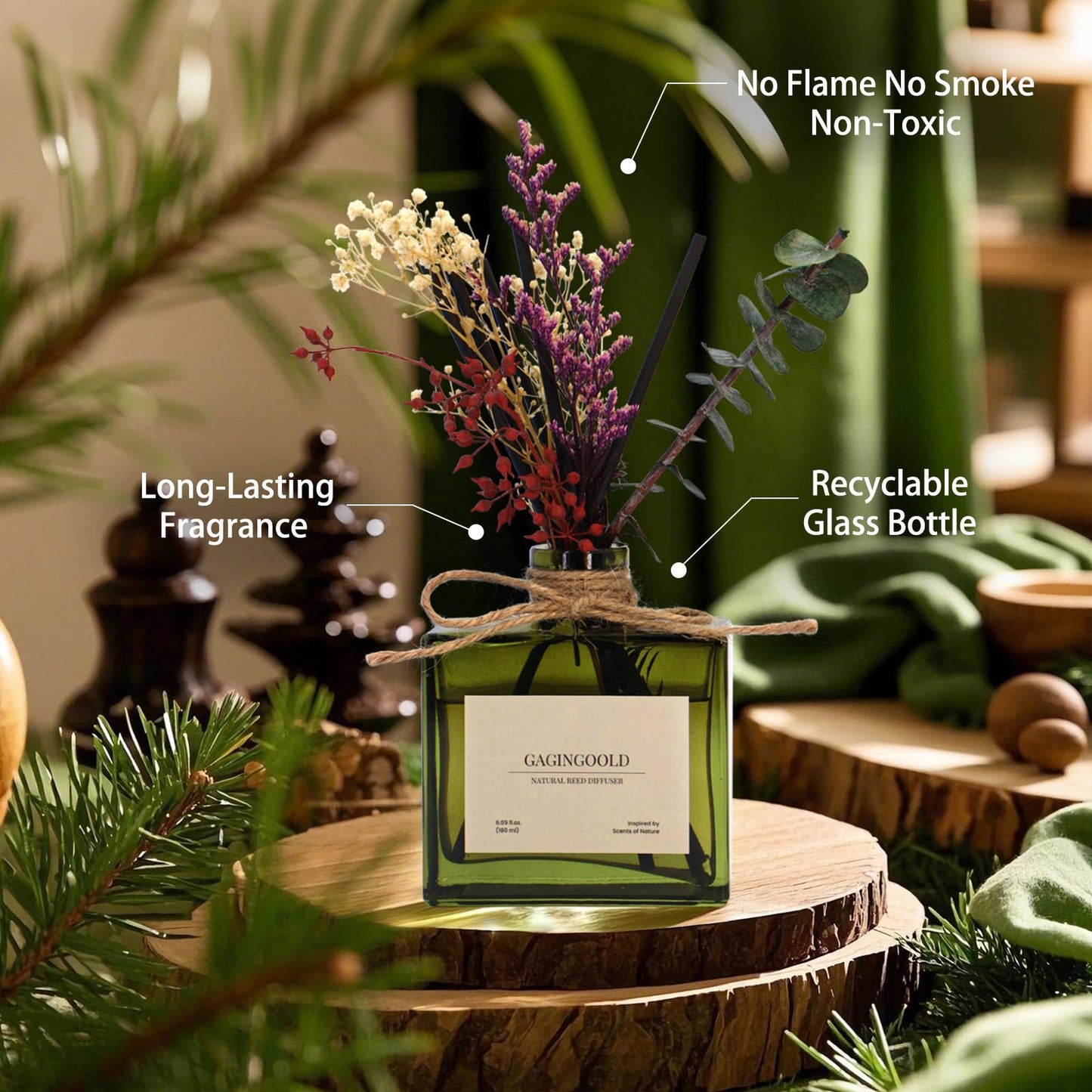 GAGINGOOLD Reed Diffuser, 6.09 oz Sandalwood Scent Diffuser with Sticks & Dried Flowers, 120 Days Long Lasting Reed diffusers for Home, Elegant Fragrance for Bathroom Bedroom Office Decor, air Fresh