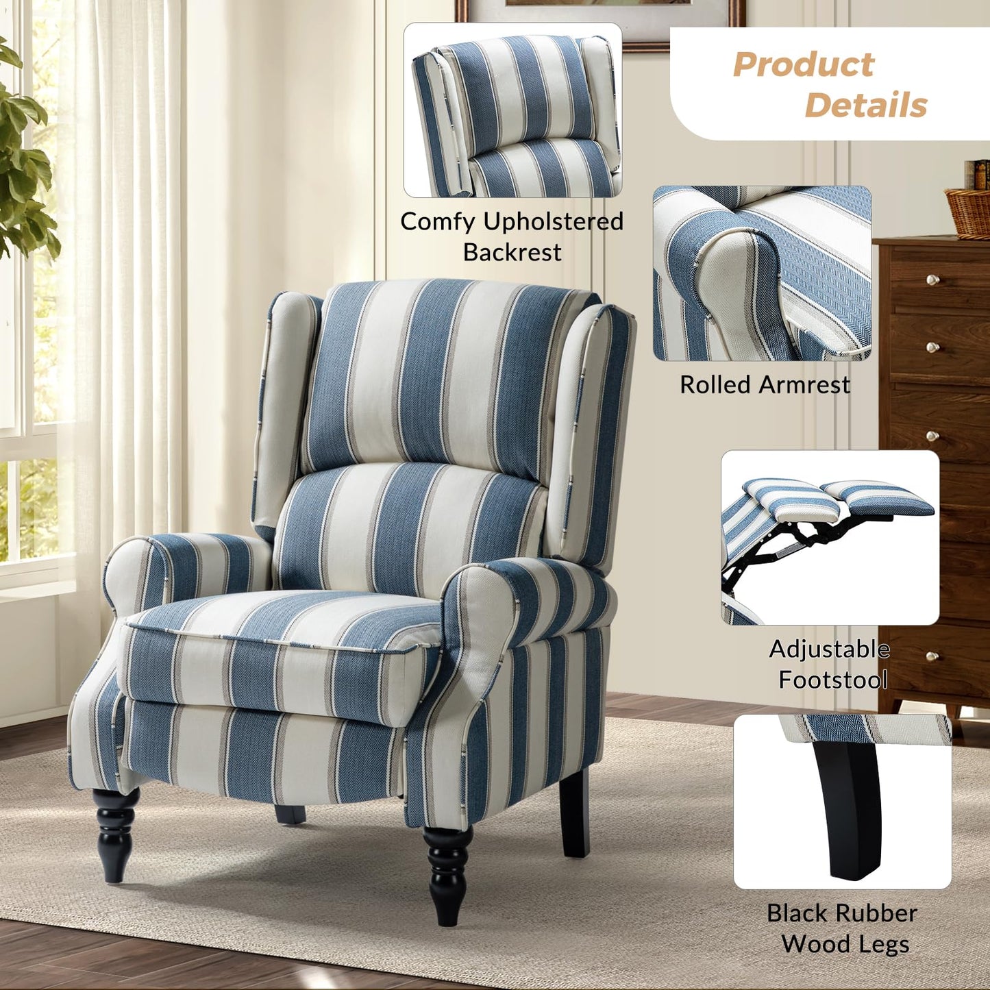 HULALA Home Upholstered Wingback Recliner Chair, Small Adjustable Footrest Push Back Single Reclining Sofa, Mid Century Modern Lounge Armchair for Living Room, Bedroom, Reading/Stripe Navy