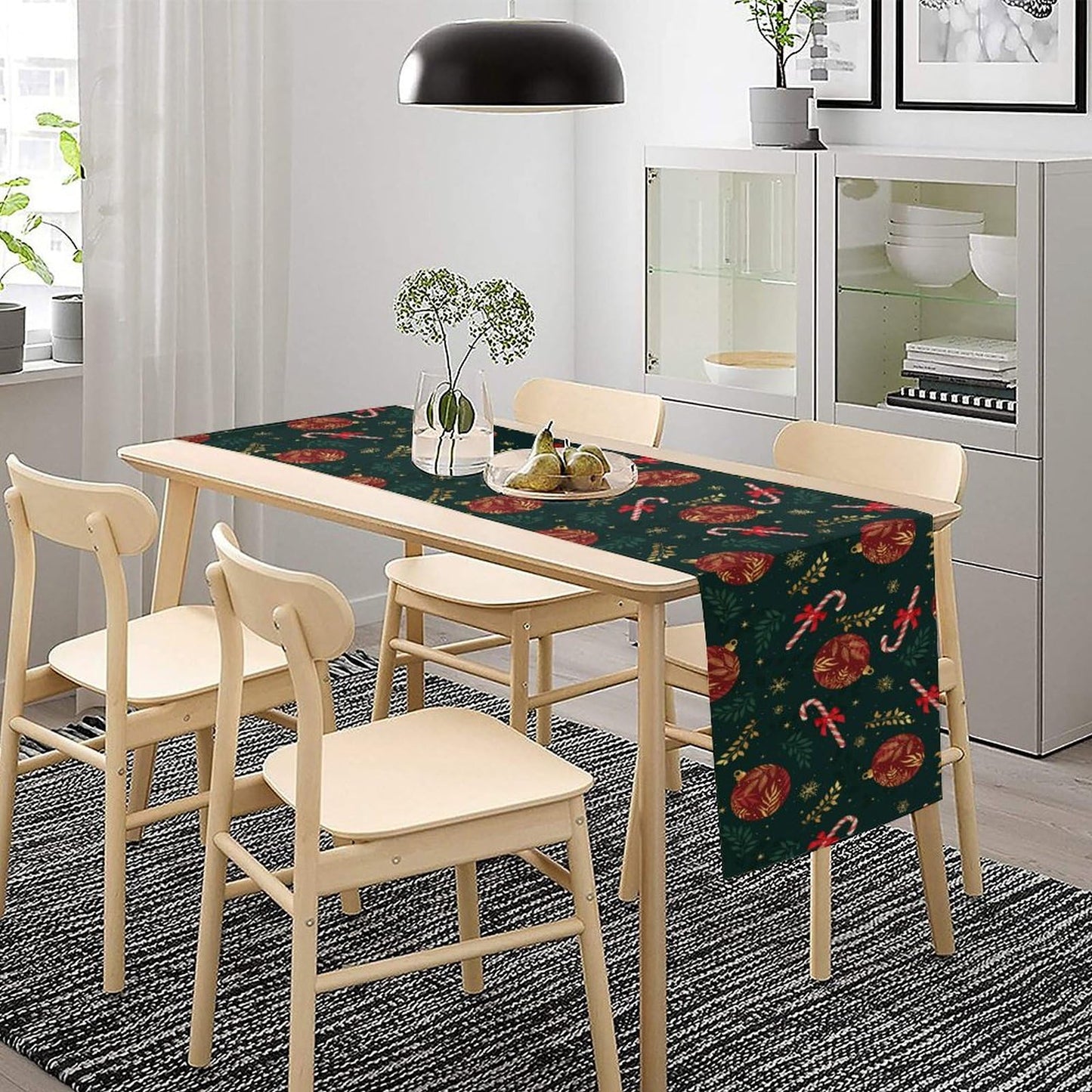 Christmas Table Runner,Green Red Xmas Balls Winter Holiday Dinner Table Decoration for Home Living Room Kitchen Dining Room 13x36in