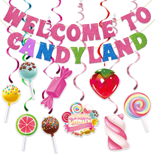 Candy Themed Party Decorations - Hanging Swirls, Banner, Birthday and Baby Shower Decor for Classroom - 11Pcs