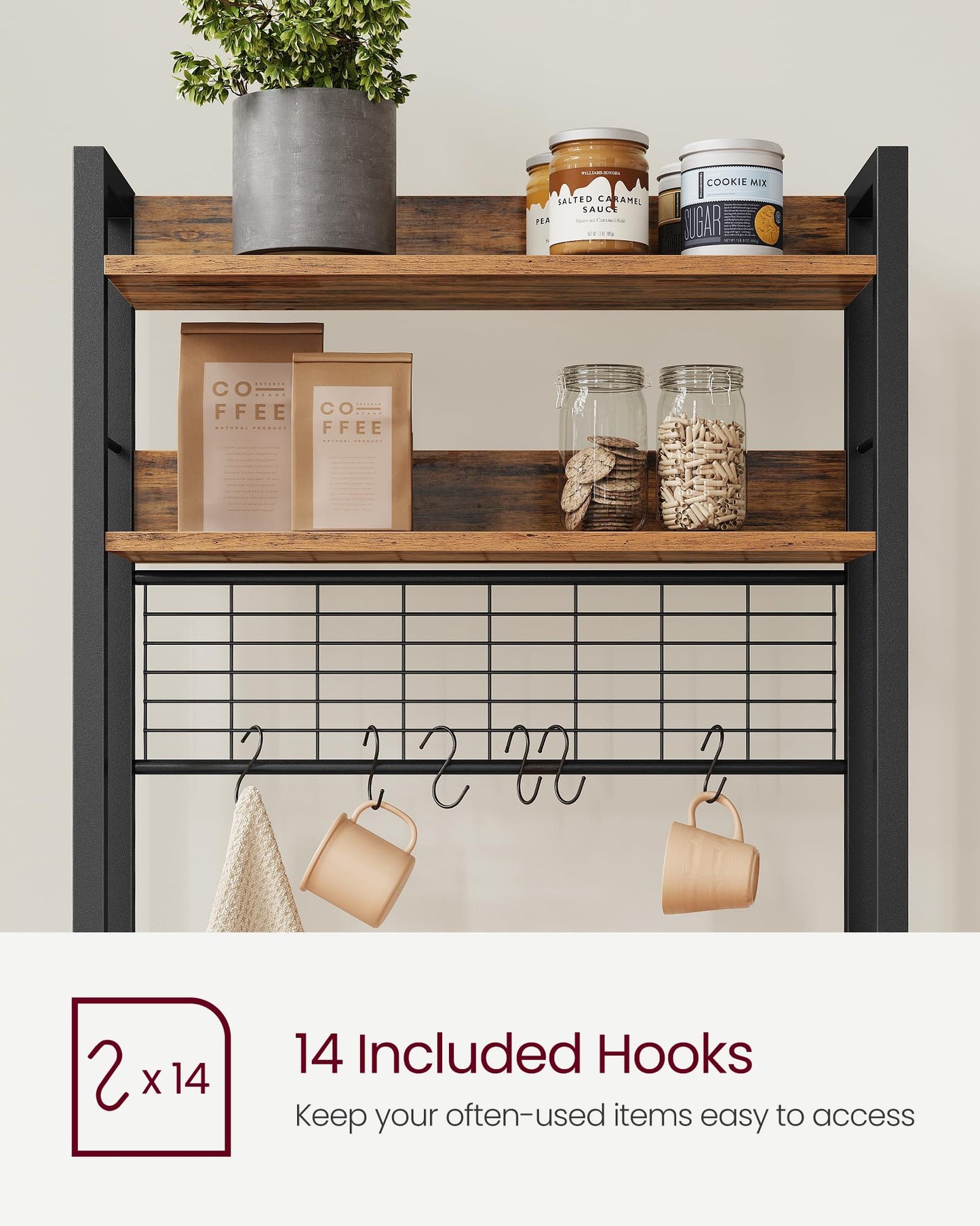 VASAGLE Hutch Bakers Rack with Power Outlet, 14 Hooks Microwave Stand, Adjustable Coffee Bar with Metal Wire Panel, Kitchen Storage Shelf, 15.7 x 23.6 x 66.9 Inches, Rustic Brown and Black UKKS037B01