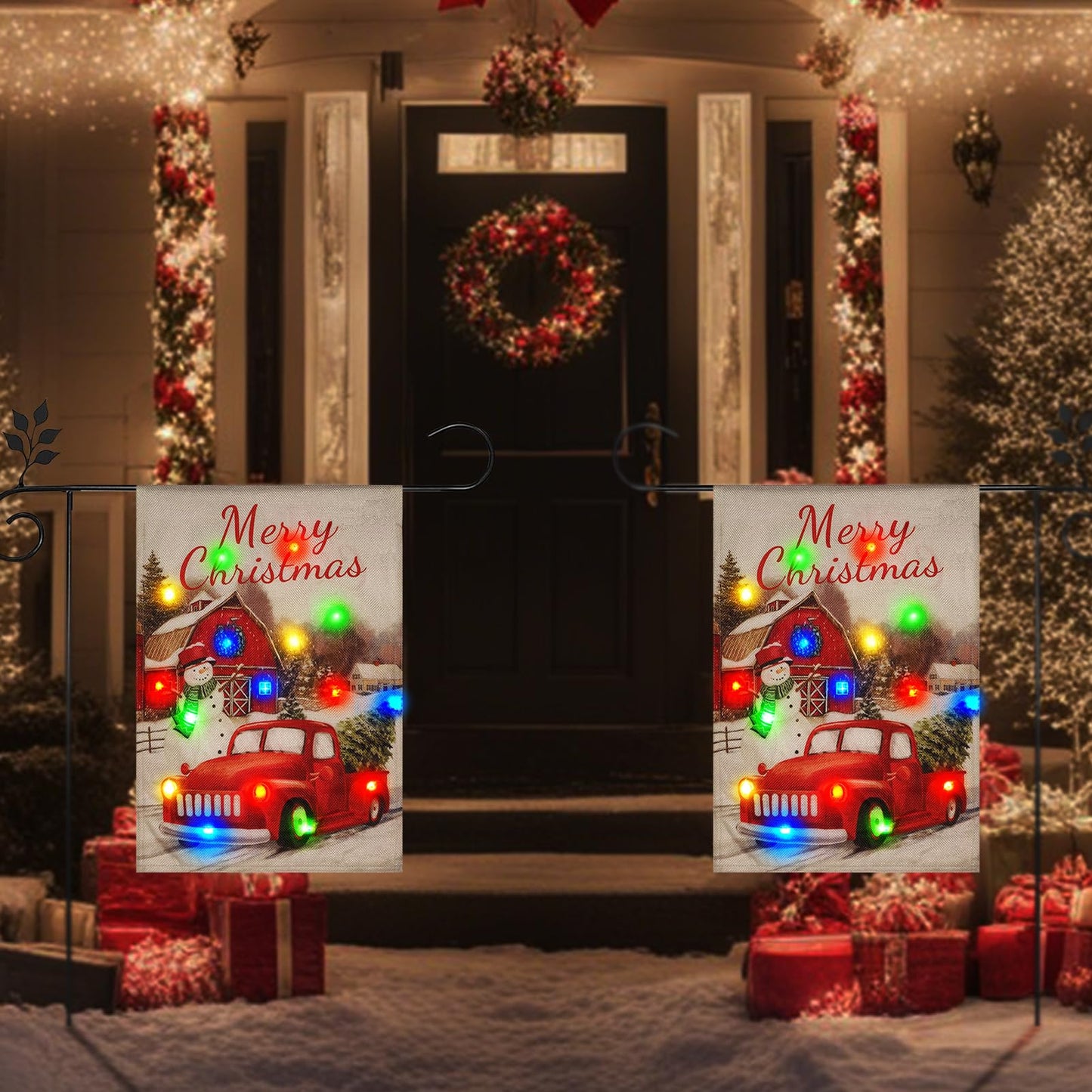 Christmas Lights Garden Flag,Double Sided Christmas LED Outdoor Christmas Yard Flag for Winter Christmas Outdoor Decoration (Multi_car, 12 * 18)