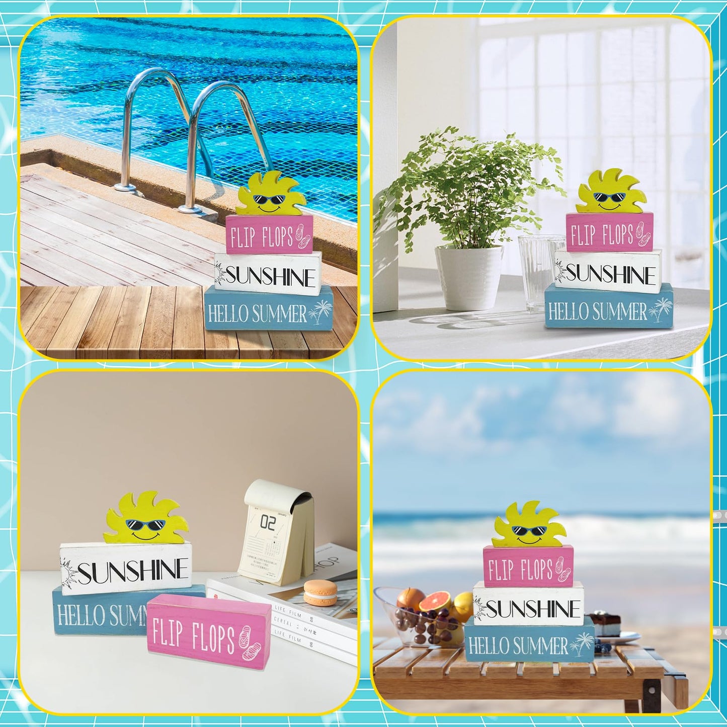 Lebsitey 4 Pcs Summer Wooden Sign Decor, Summer Home Table Decor, Human Sunshine Tiered Tray Decorations for Table & Home Office Decorations