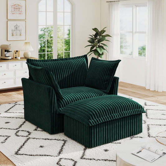 Ravy Concept 49" Slipcovered Chaise Lounge Chair, Corduroy Accent Chair with Removable Covers, 1-Seater Sofa with Movable Ottoman, Deep Seat Single Sofa Couch for Living Room (Green)