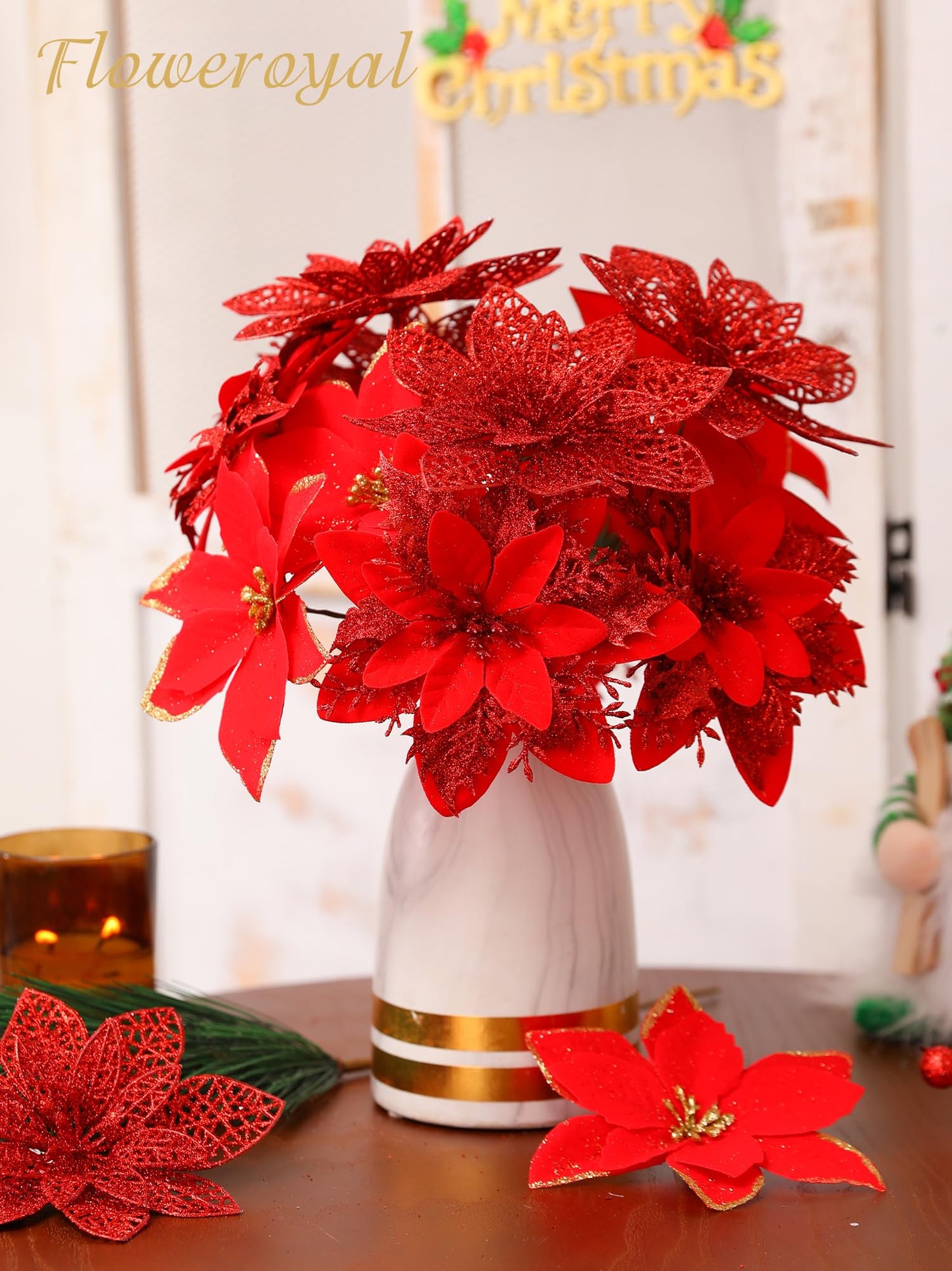 Floweroyal 30pcs Poinsettia Artificial Christmas Flowers Decorations with Clips and Berry Stems Glitter Ornaments for Christmas Tree Wreath Fireplace Stairs Decor (Red-3 Styles)