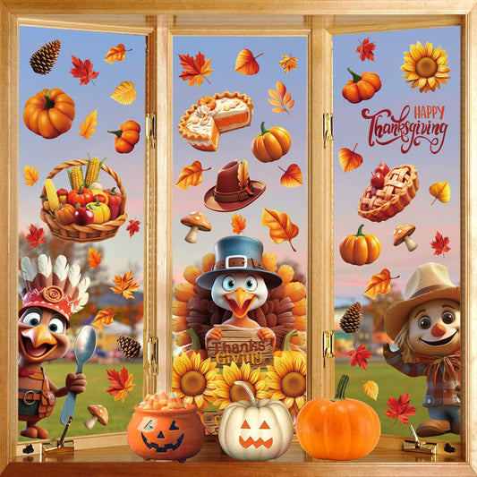 LOKIPA 3D Thanksgiving Window Stickers, 8 Sheets Thanksgiving Window Clings Double Sided Window Decals for Thanksgiving Window Decorations, Yellow