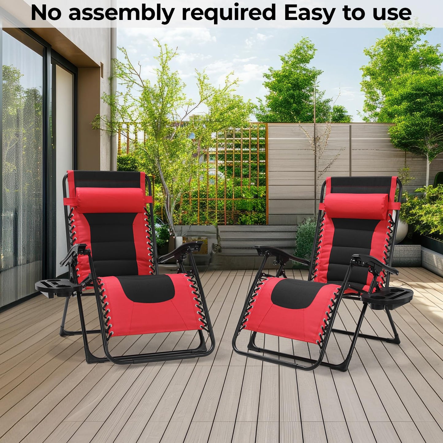 TLSUNNY Oversized Padded Zero Gravity Chair Set of 2, Folding Outdoor Patio Recliner, 24.2" Wide Seat Lounger W/Detachable Pillow & Holder Tray, Patio Furniture for Garden, 350LBS (Black/Burgundy)