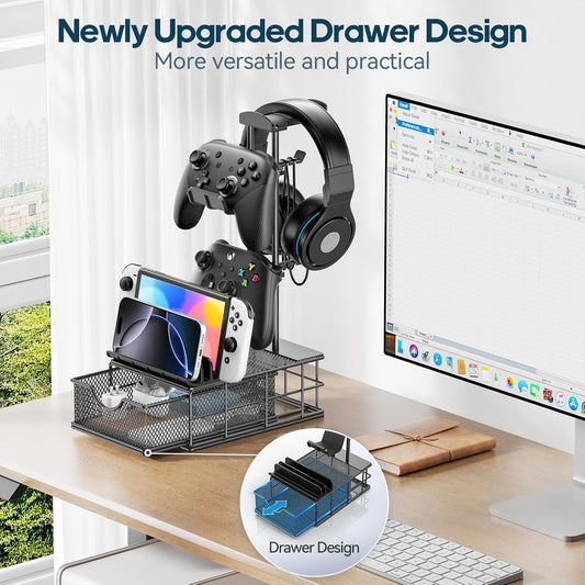 KDD Headphone Stand with Drawer - Headset & Controller Holder for Desk - Aluminum Supporting Bar Earphone Stand with Cable Organizer - Universal Gaming PC Accessories Storage