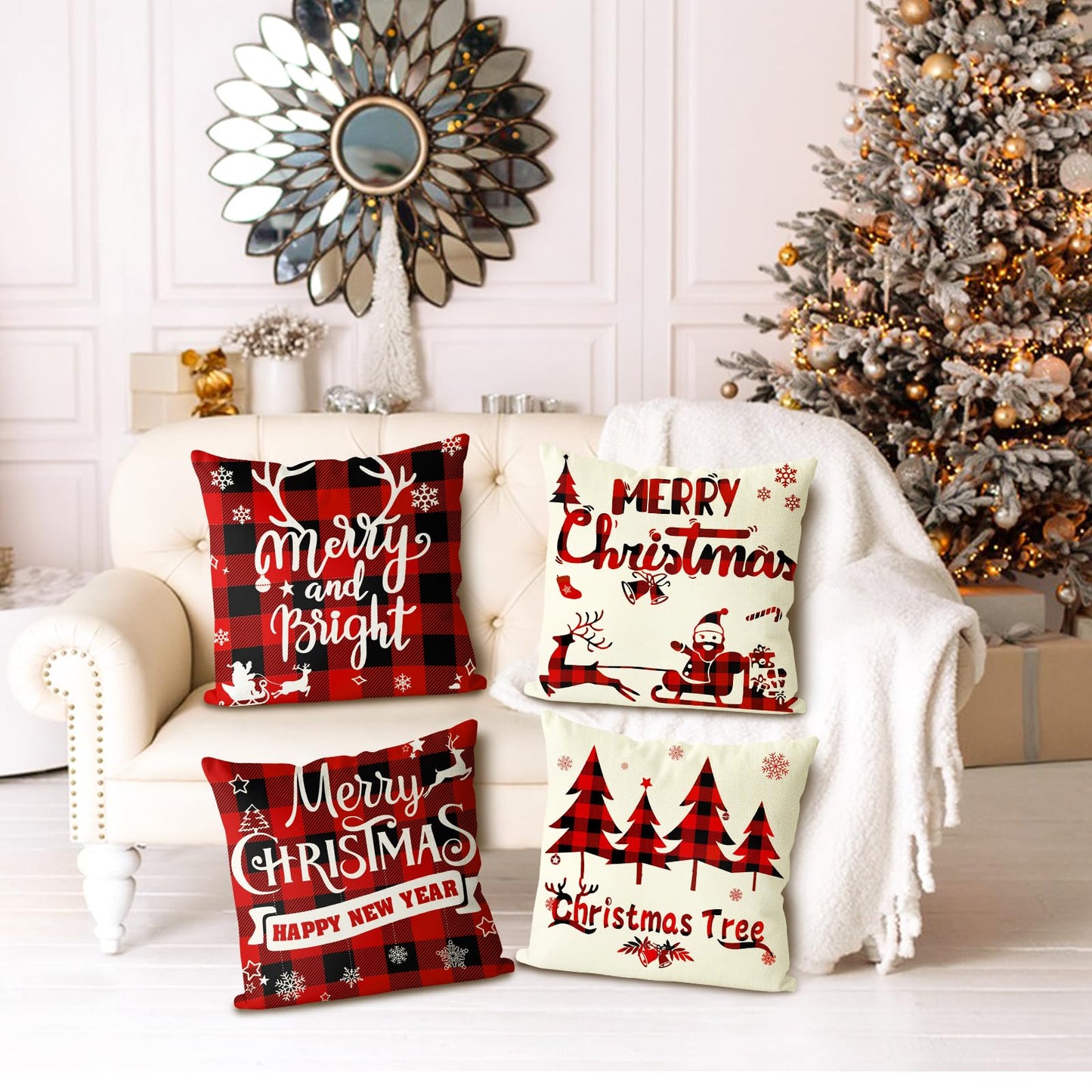 Christmas Pillow Covers 18x18 Set of 4 - Red Black Buffalo Check Plaid Decor - Indoor Outdoor Xmas Throw Pillow Cases for Sofa Couch