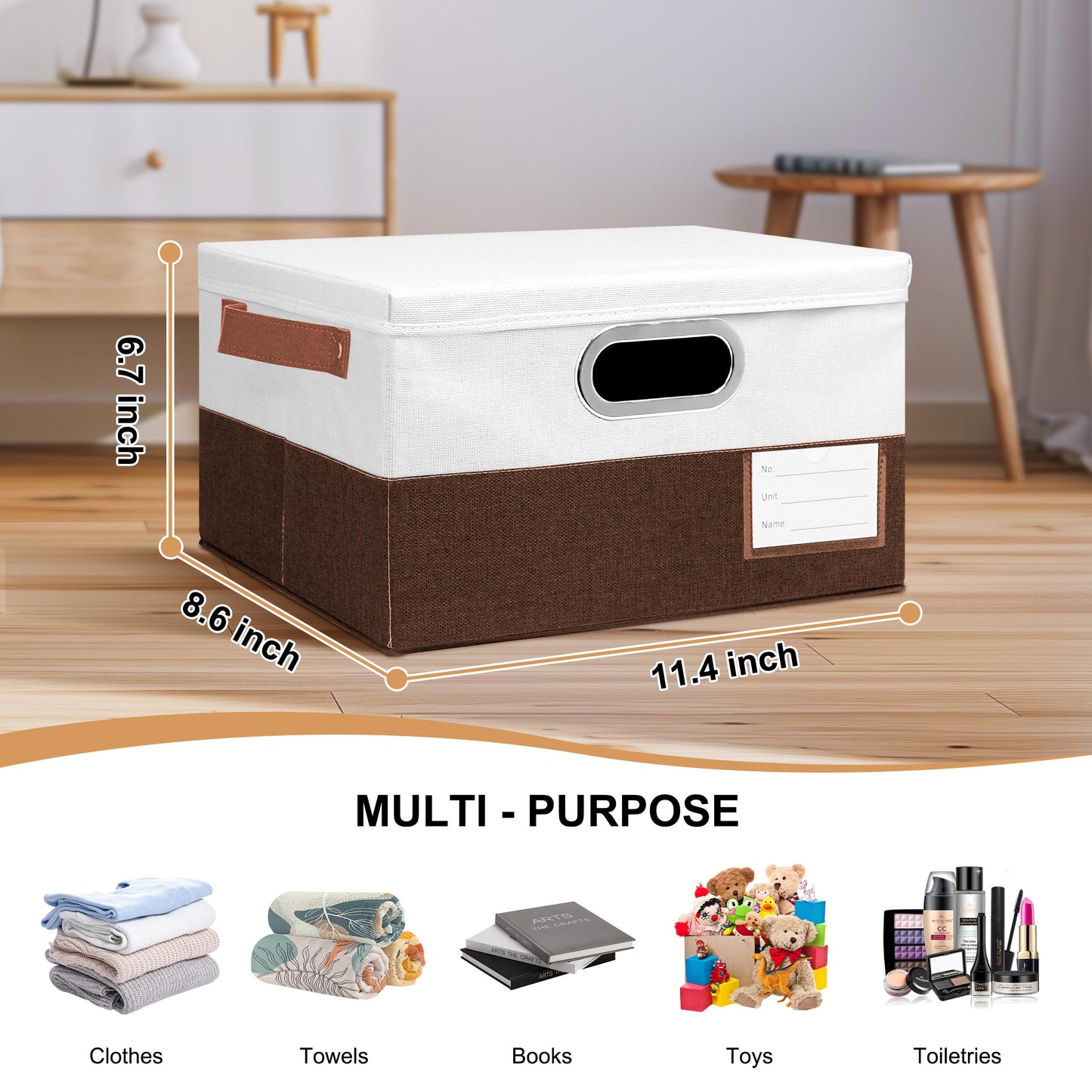 Foldable Fabric Storage Boxes with Lids, Collapsible Versatile Bins Baskets Cubes with Handles for Easy Organization in Closet, Living Room, and Bedroom (Brown & White, 3PCS/11.4*8.6*6.7in)