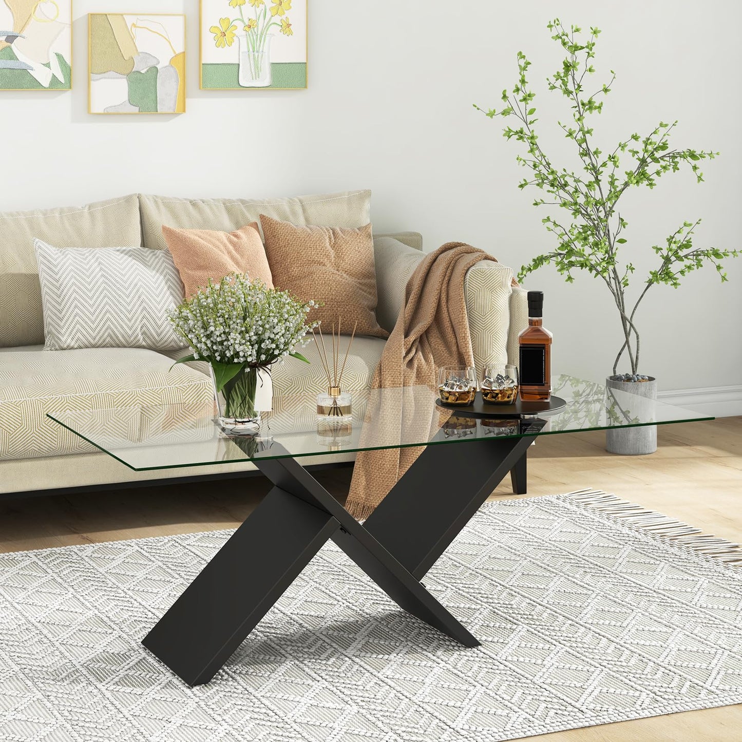 Tangkula Rectangle Glass Coffee Table, 47” Modern Center Table with Tempered Glass Tabletop & Geometric Rubber Wood Frame, Versatile Accent Table for Living Room (Black)